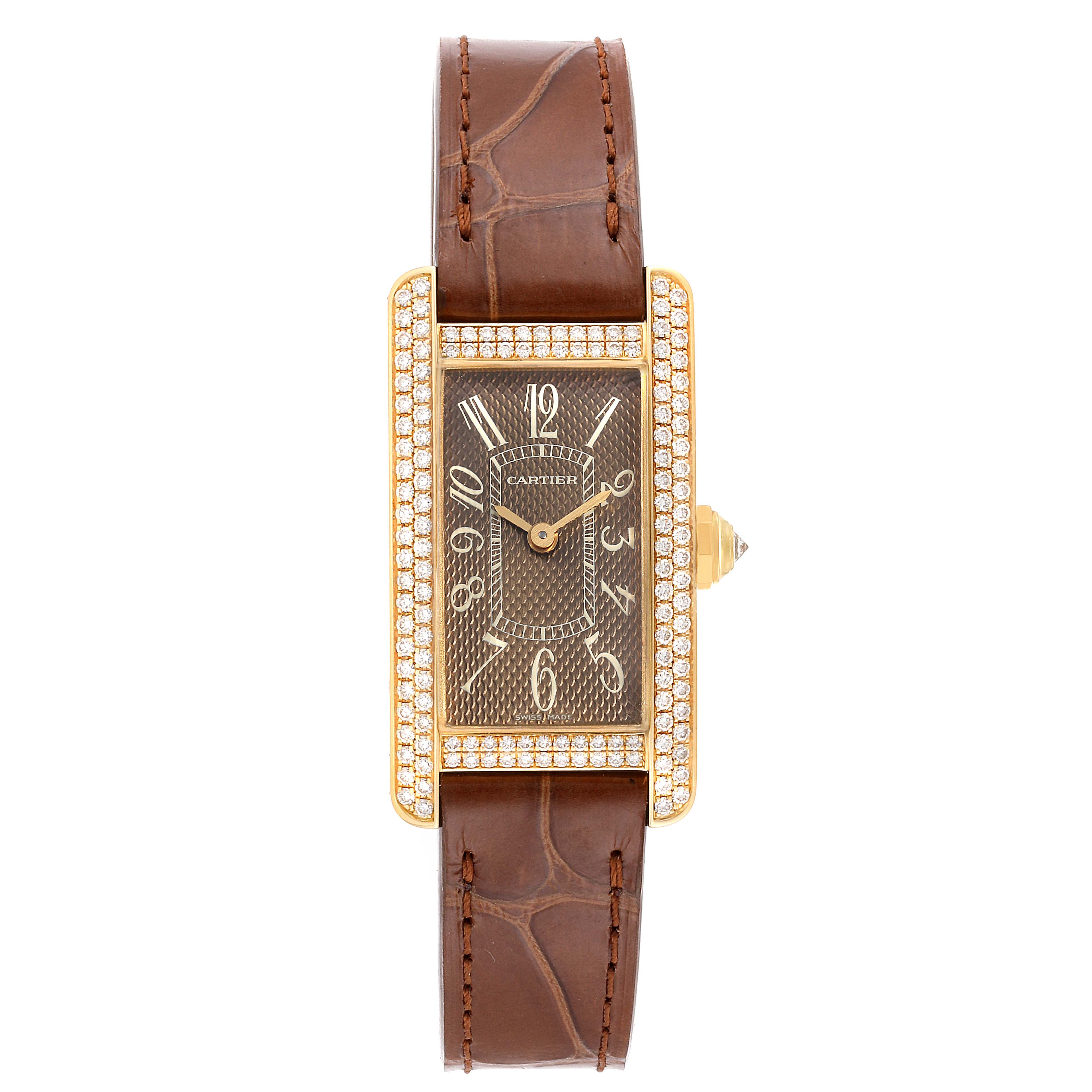 The image shows a front view of the Cartier Tank Americaine 2482 Women's Yellow Gold Brown Dial 2482 Women's Yellow Gold Brown Dial watch, displaying its face, bezel, and strap.