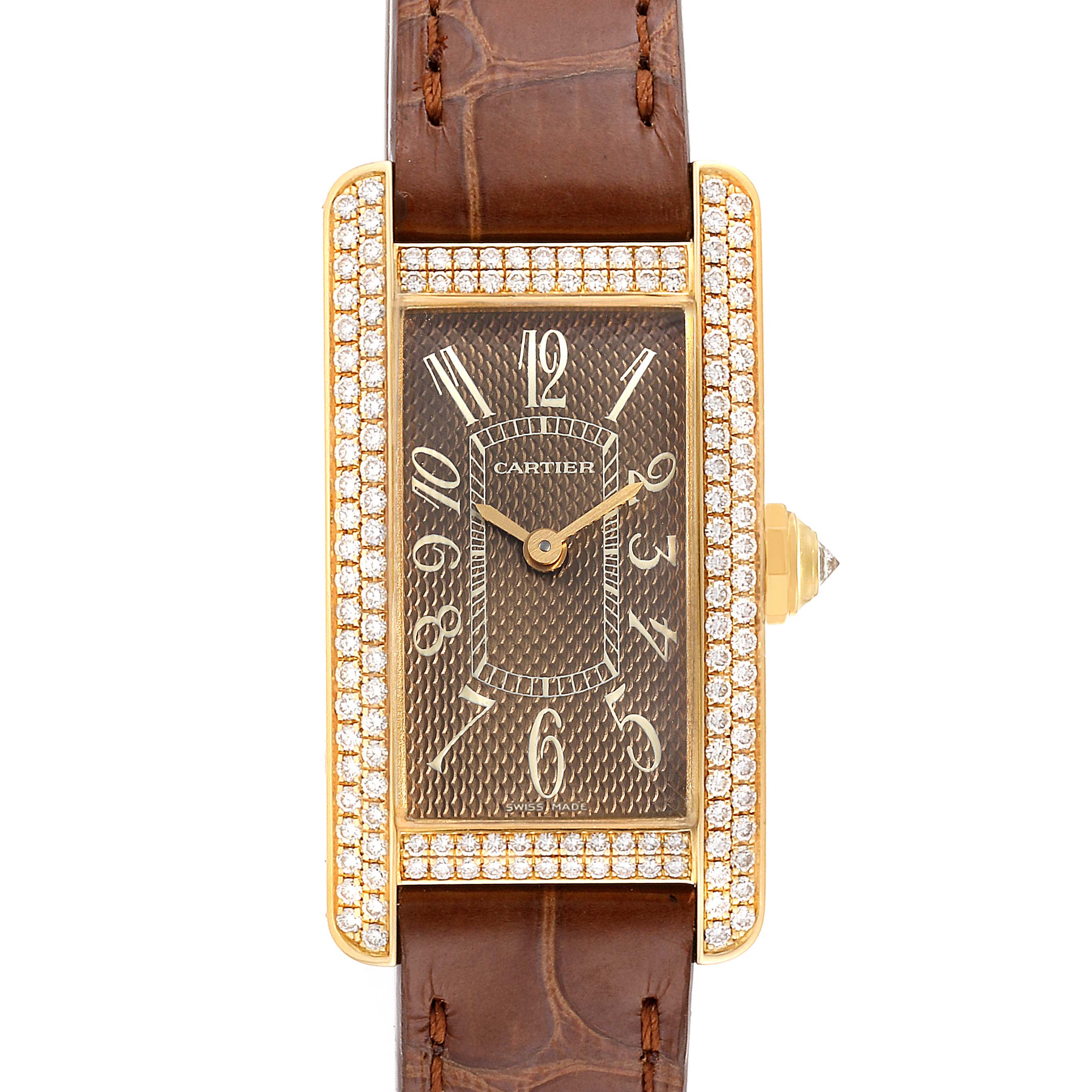 The image shows a front view of a Cartier Tank Americaine 2482 Women's Yellow Gold Brown Dial 2482 Women's Yellow Gold Brown Dial watch featuring a diamond-studded bezel and a leather strap.