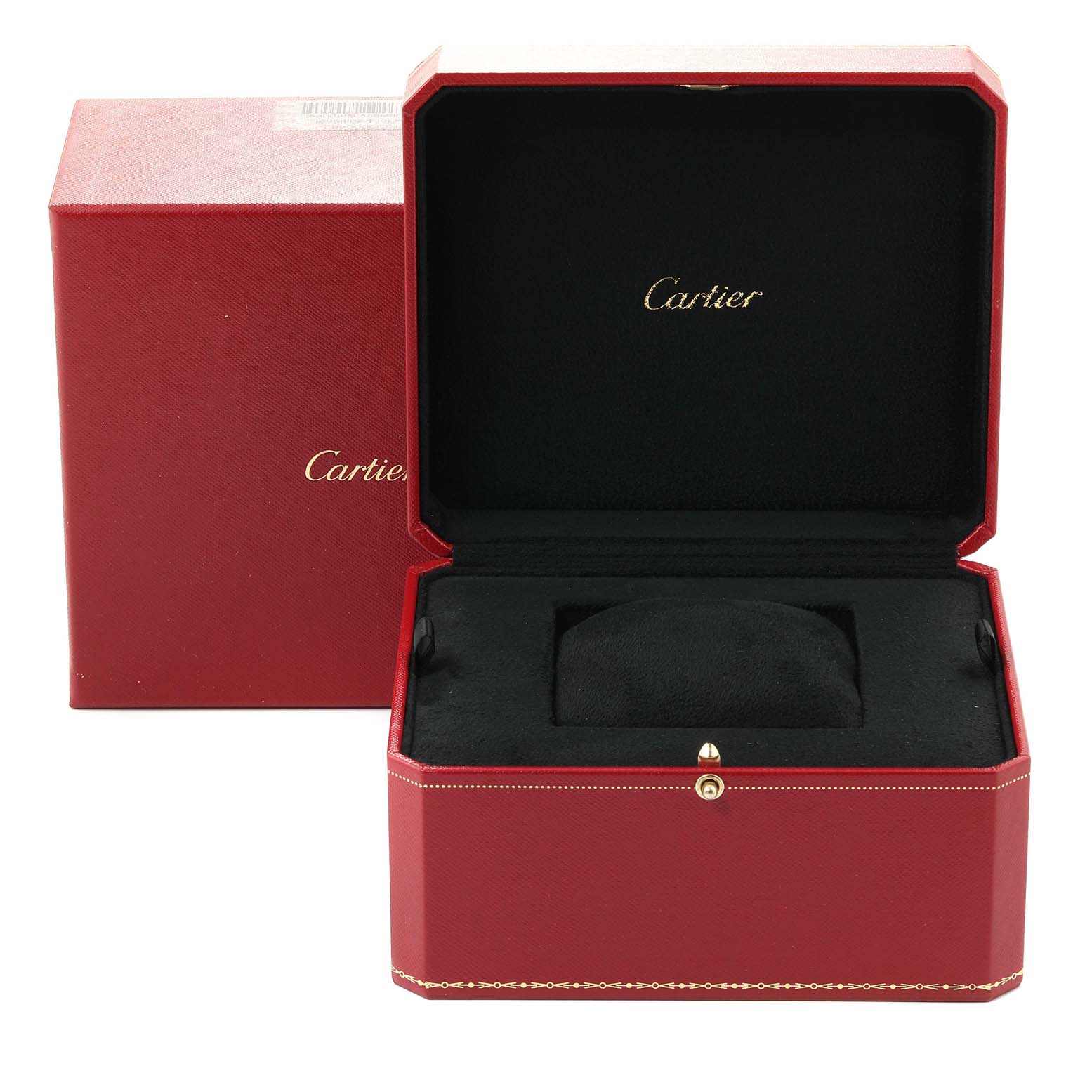 The image shows an open red Cartier box for the Tank Americaine model, with the watch cushion and the closed outer box.