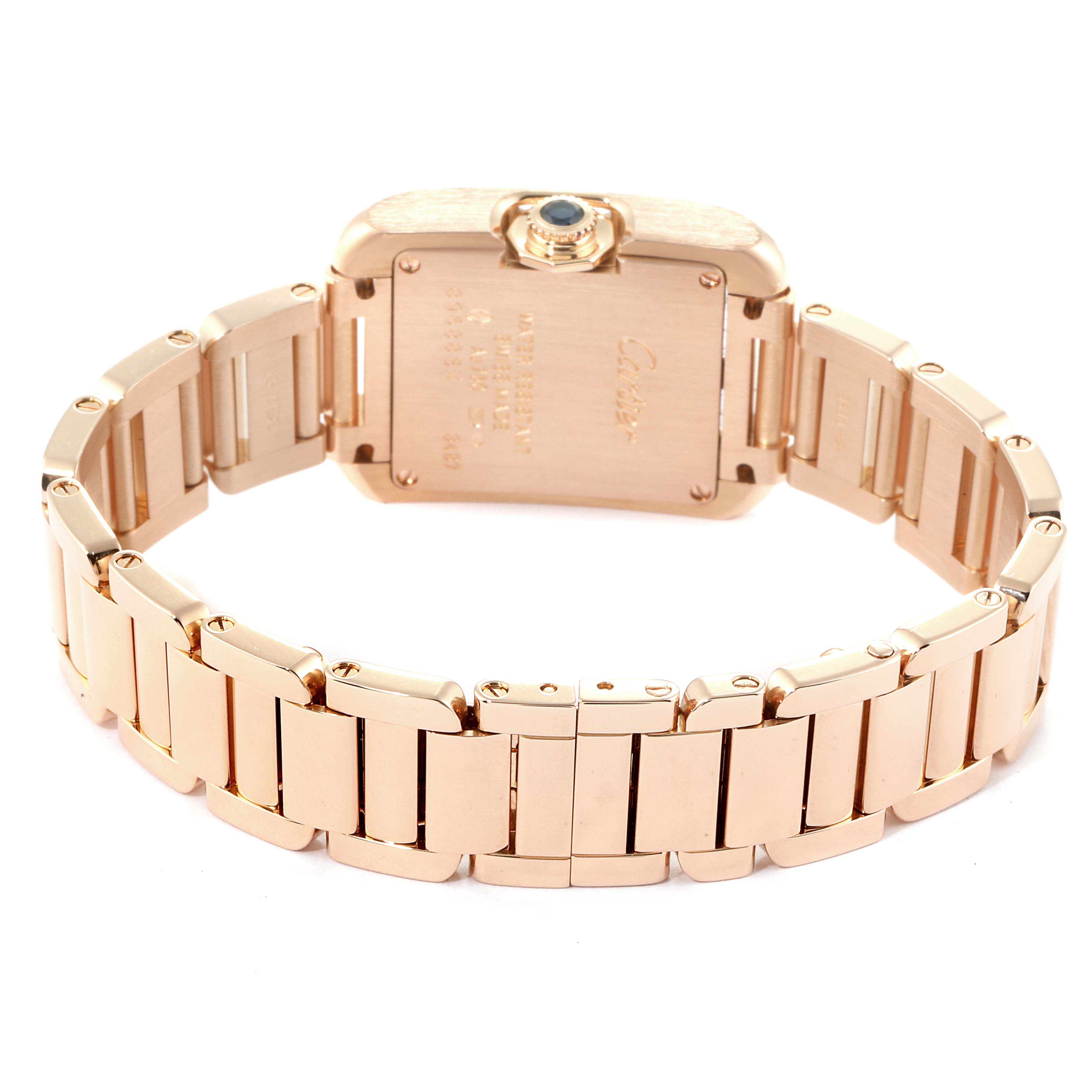 The image shows the back and bracelet of a Cartier Tank Anglaise W5310013 Women's Rose Gold Silver Dial W5310013 Women's Rose Gold Silver Dial watch.
