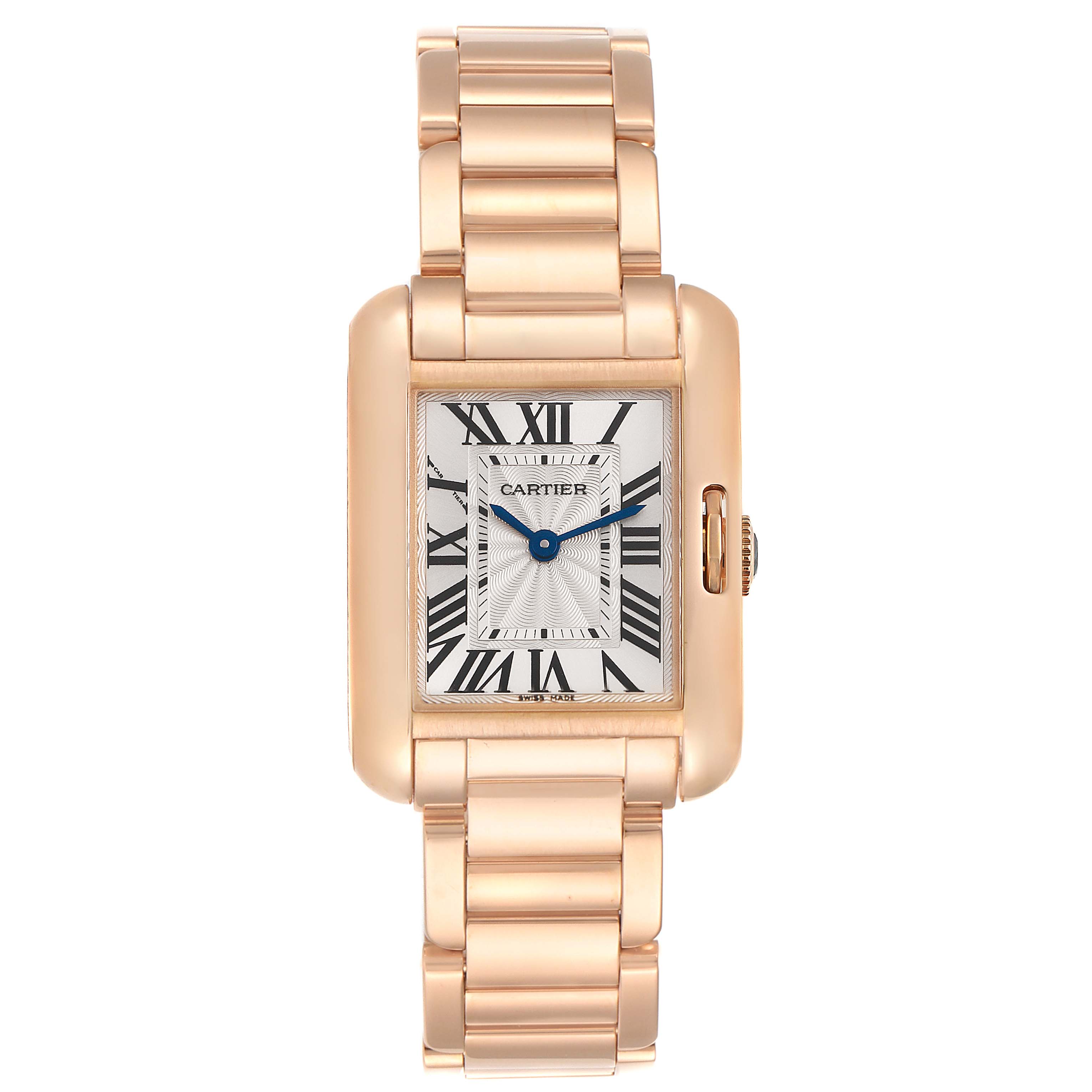 The image shows a Cartier Tank Anglaise W5310013 Women's Rose Gold Silver Dial W5310013 Women's Rose Gold Silver Dial watch with a rectangular face, Roman numerals, and a metal strap, viewed from the front.