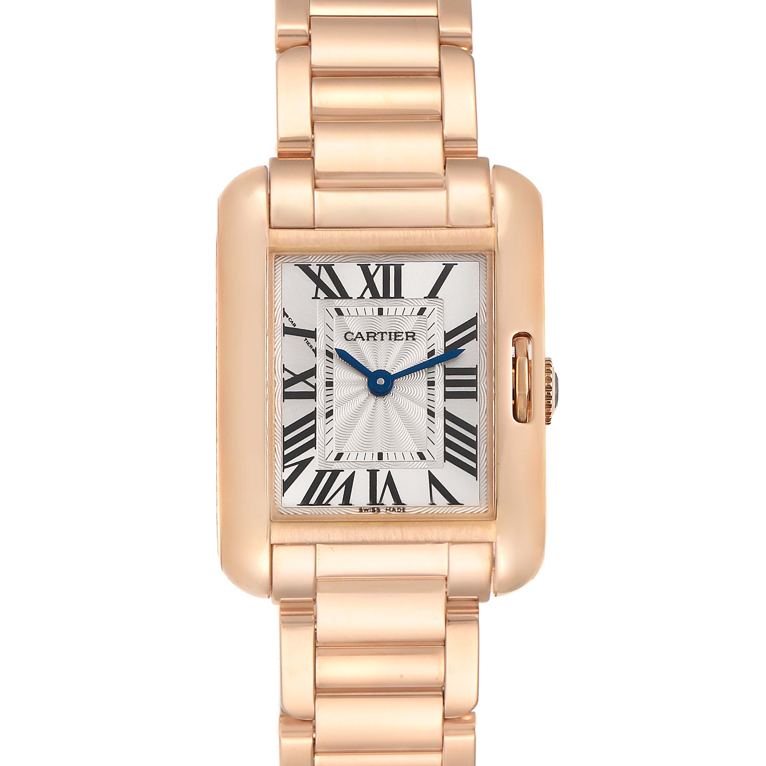 The image shows a front view of the Cartier Tank Anglaise W5310013 Women's Rose Gold Silver Dial W5310013 Women's Rose Gold Silver Dial watch, focusing on its face and band.