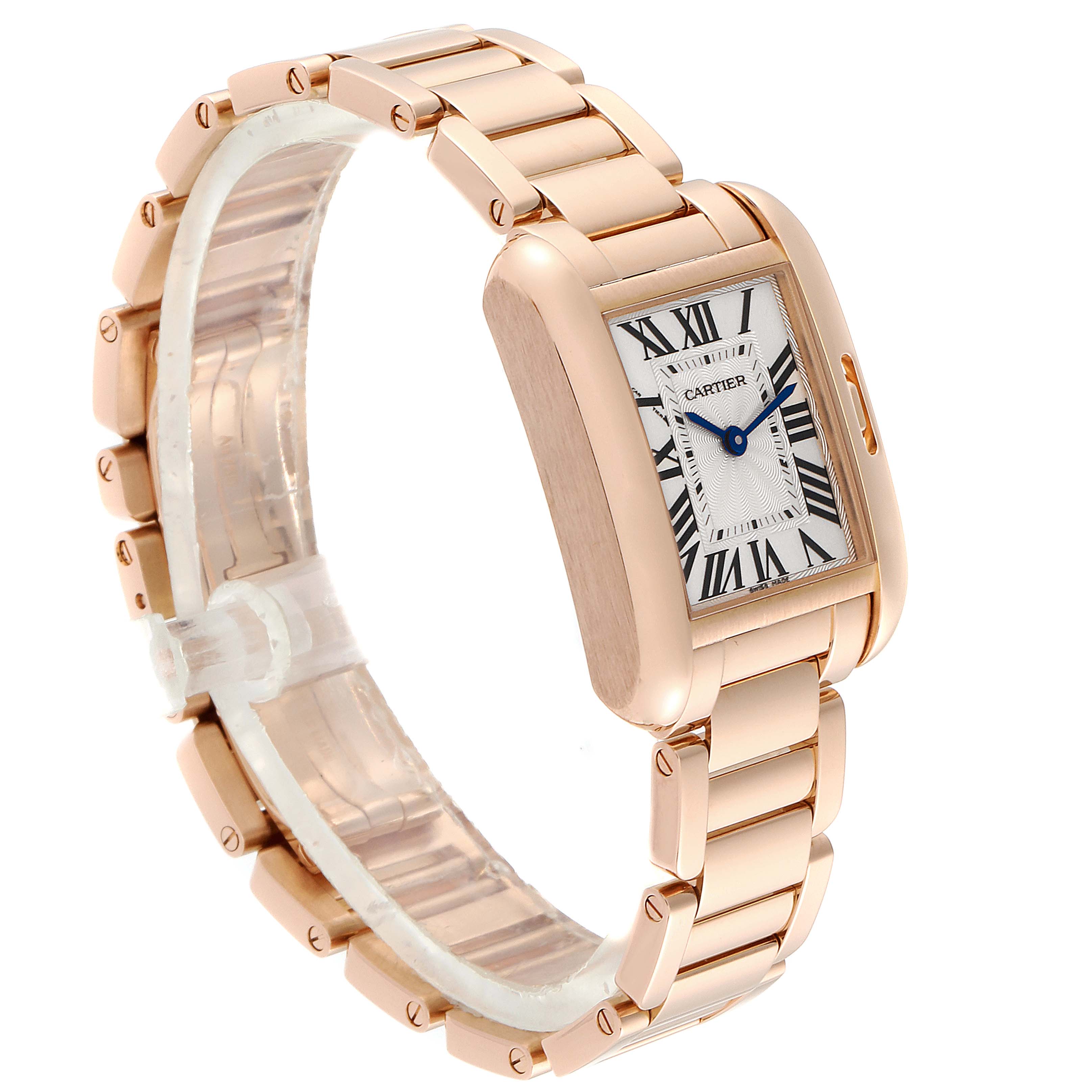 The image shows a side angle view of the Cartier Tank Anglaise W5310013 Women's Rose Gold Silver Dial W5310013 Women's Rose Gold Silver Dial watch, showcasing its rectangular face, rose gold body, and bracelet.