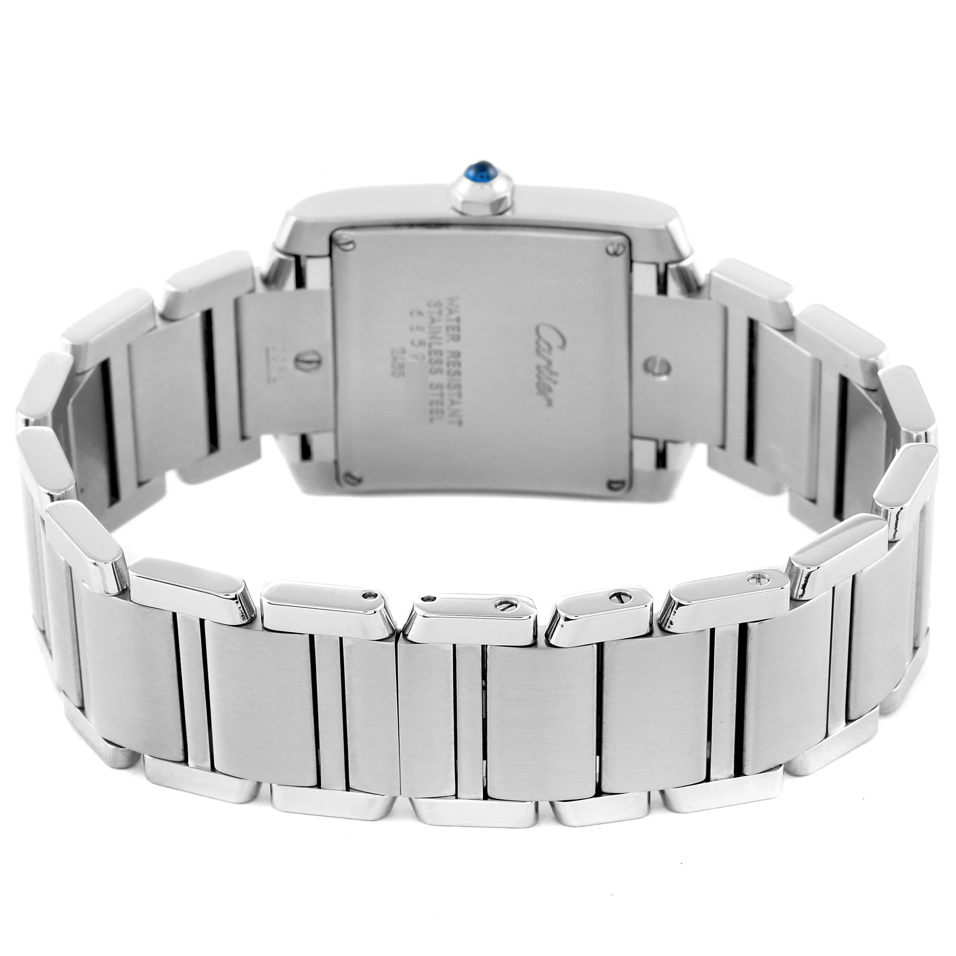 The image shows the back case and bracelet of a Cartier Tank Française watch at a rear angle.