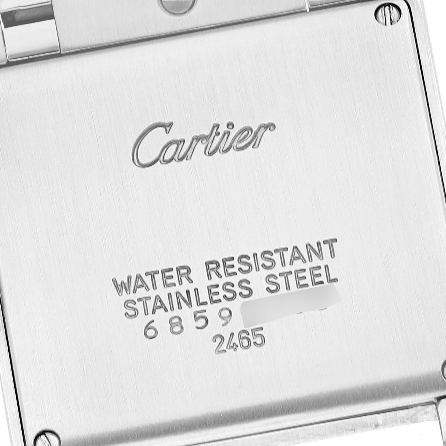 This image shows the back case of the Tank Française model by Cartier, emphasizing its water resistance and stainless steel material.
