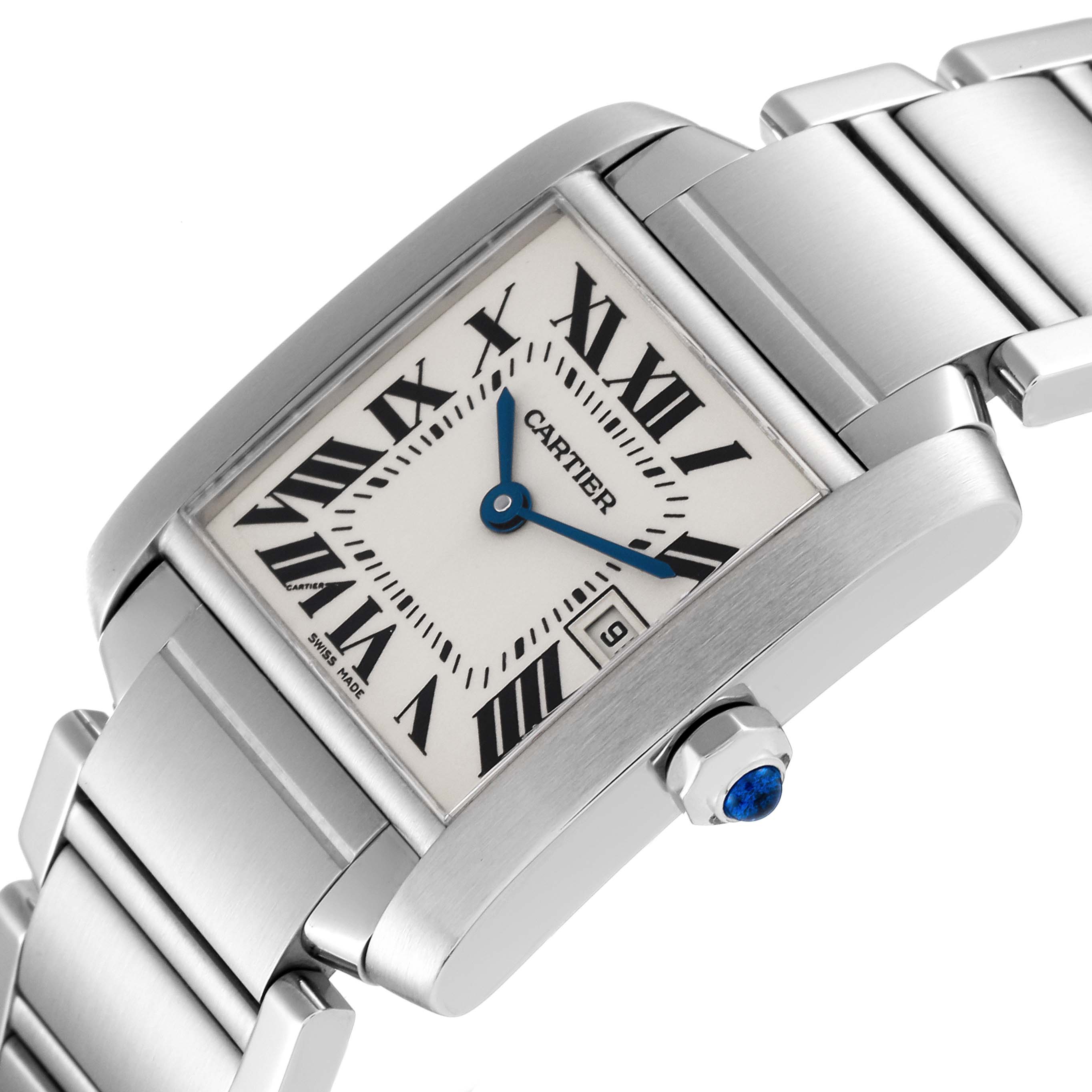 This image shows a close-up angle of the Cartier Tank Francaise W51011Q3 Women
s Stainless Steel Silver Dial W51011Q3 Women
s Stainless Steel Silver Dial watch, highlighting its face, crown, and part of the bracelet.