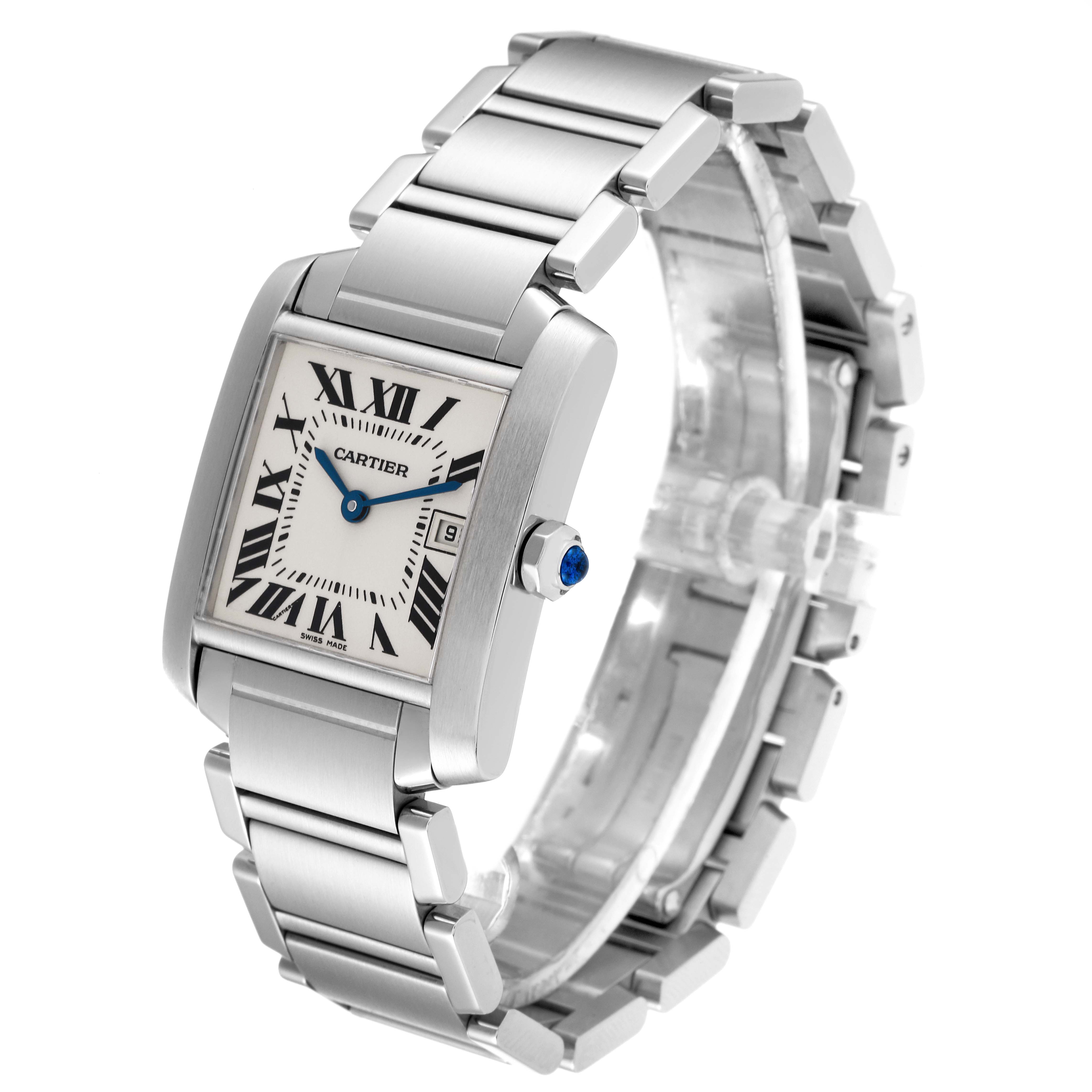 The Cartier Tank Francaise W51011Q3 Women
s Stainless Steel Silver Dial W51011Q3 Women
s Stainless Steel Silver Dial watch is shown at an angled view highlighting the stainless steel case, bracelet, and blue spinel cabochon crown.