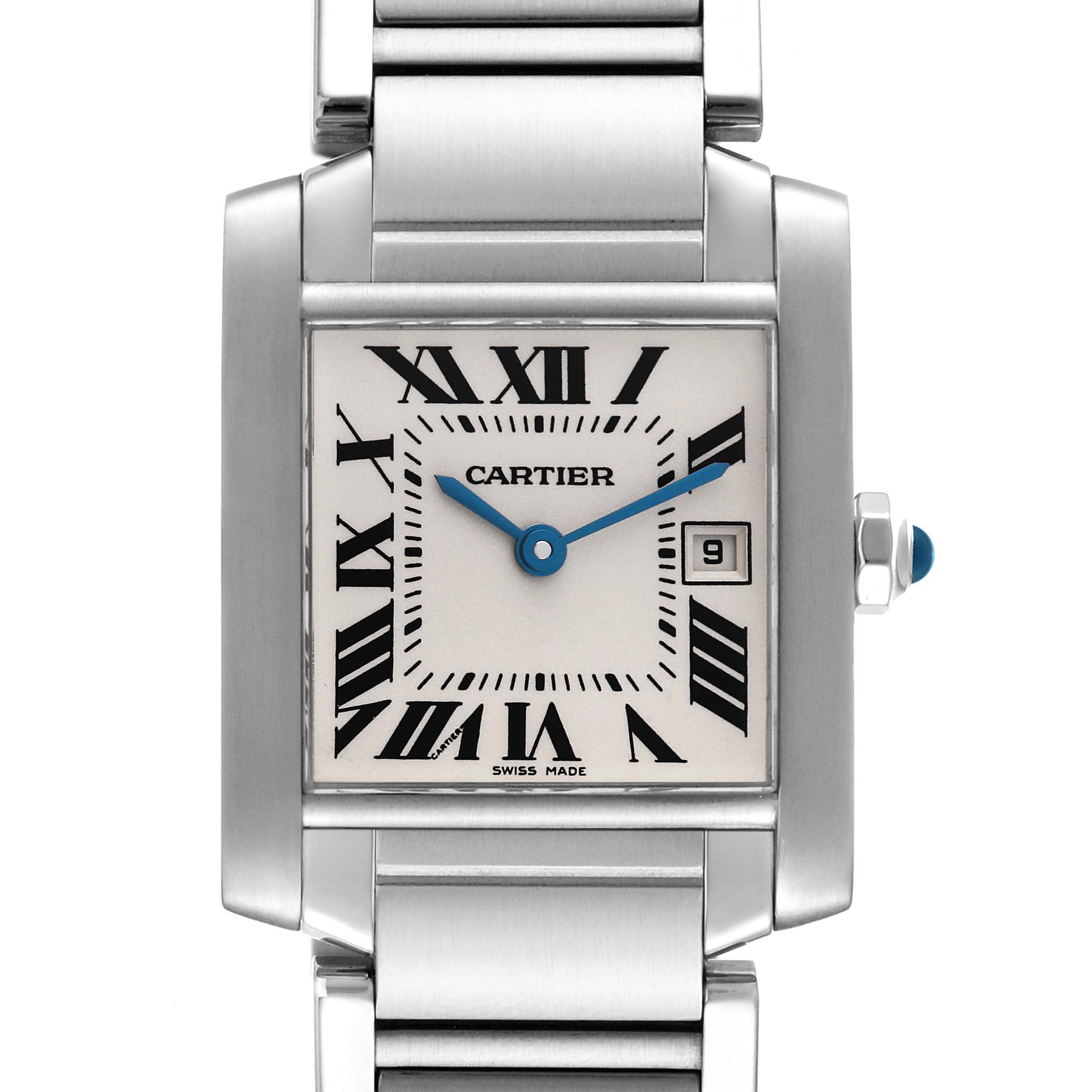 The image shows a close-up front view of the Cartier Tank Francaise W51011Q3 Women
s Stainless Steel Silver Dial W51011Q3 Women
s Stainless Steel Silver Dial watch, highlighting its dial, hands, and part of the bracelet.