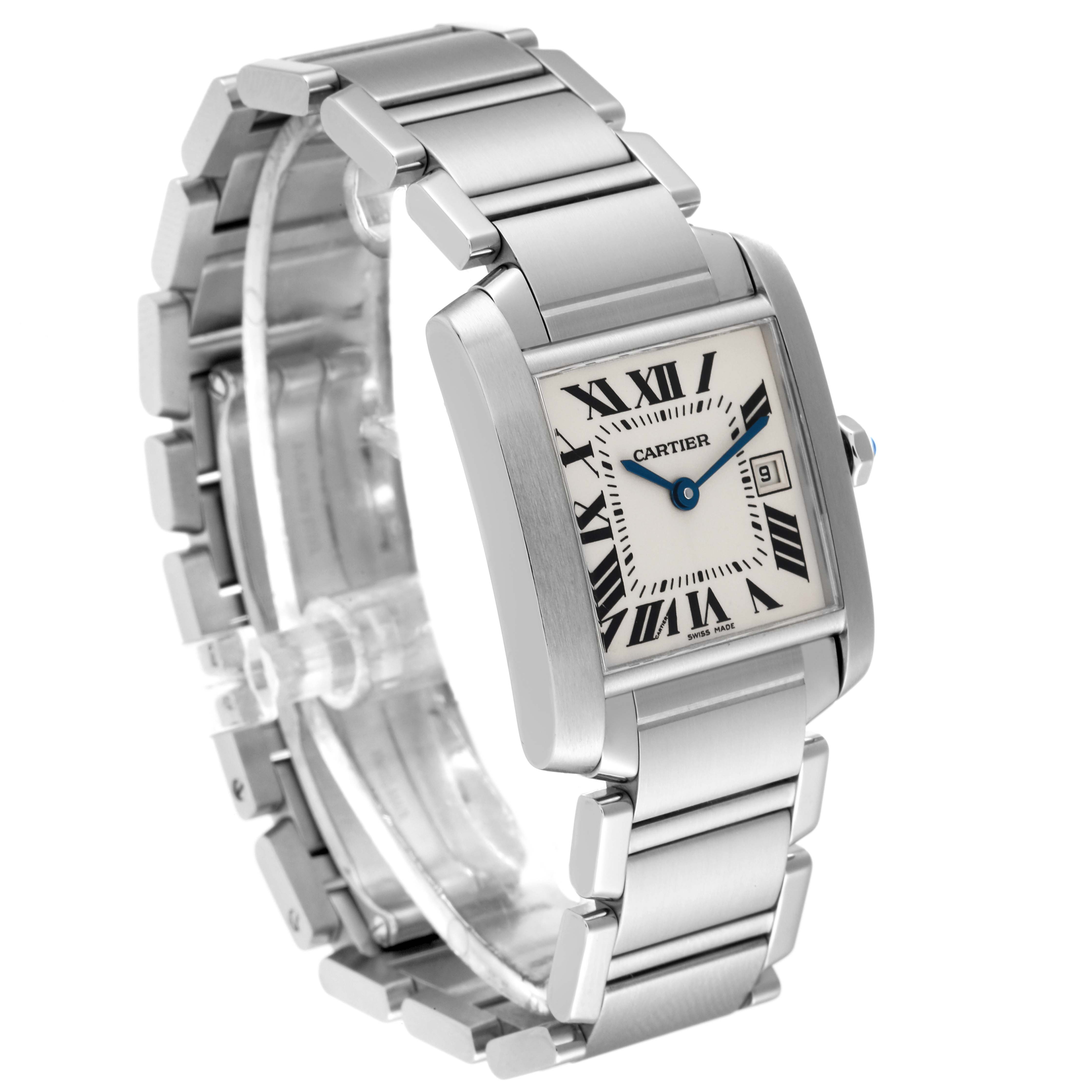 The image shows a Cartier Tank Francaise W51011Q3 Women
s Stainless Steel Silver Dial W51011Q3 Women
s Stainless Steel Silver Dial watch at a three-quarter angle, highlighting the face, bracelet, and crown.