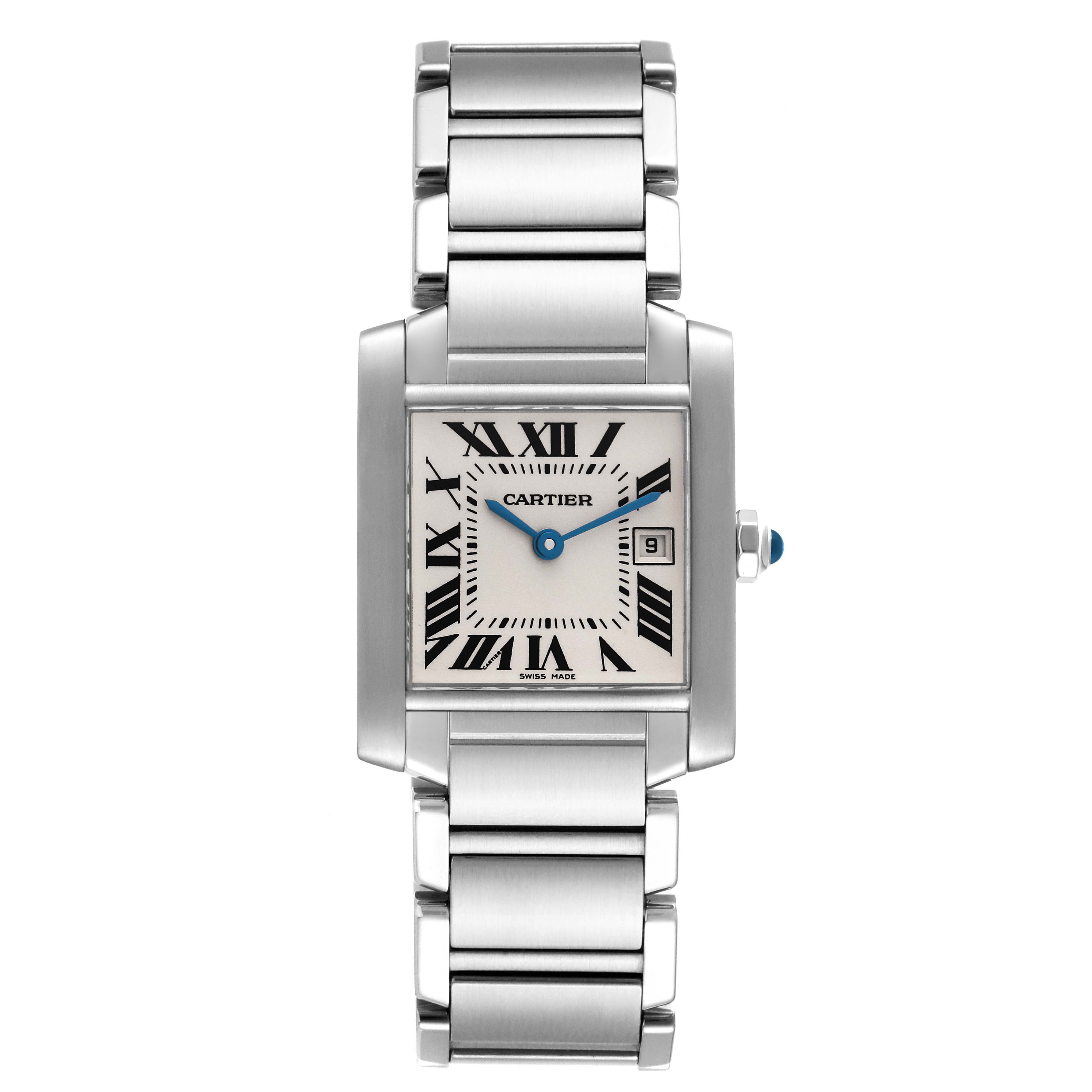 This image shows a frontal view of the Cartier Tank Francaise W51011Q3 Women
s Stainless Steel Silver Dial W51011Q3 Women
s Stainless Steel Silver Dial watch, highlighting its square face, Roman numerals, and metal bracelet.