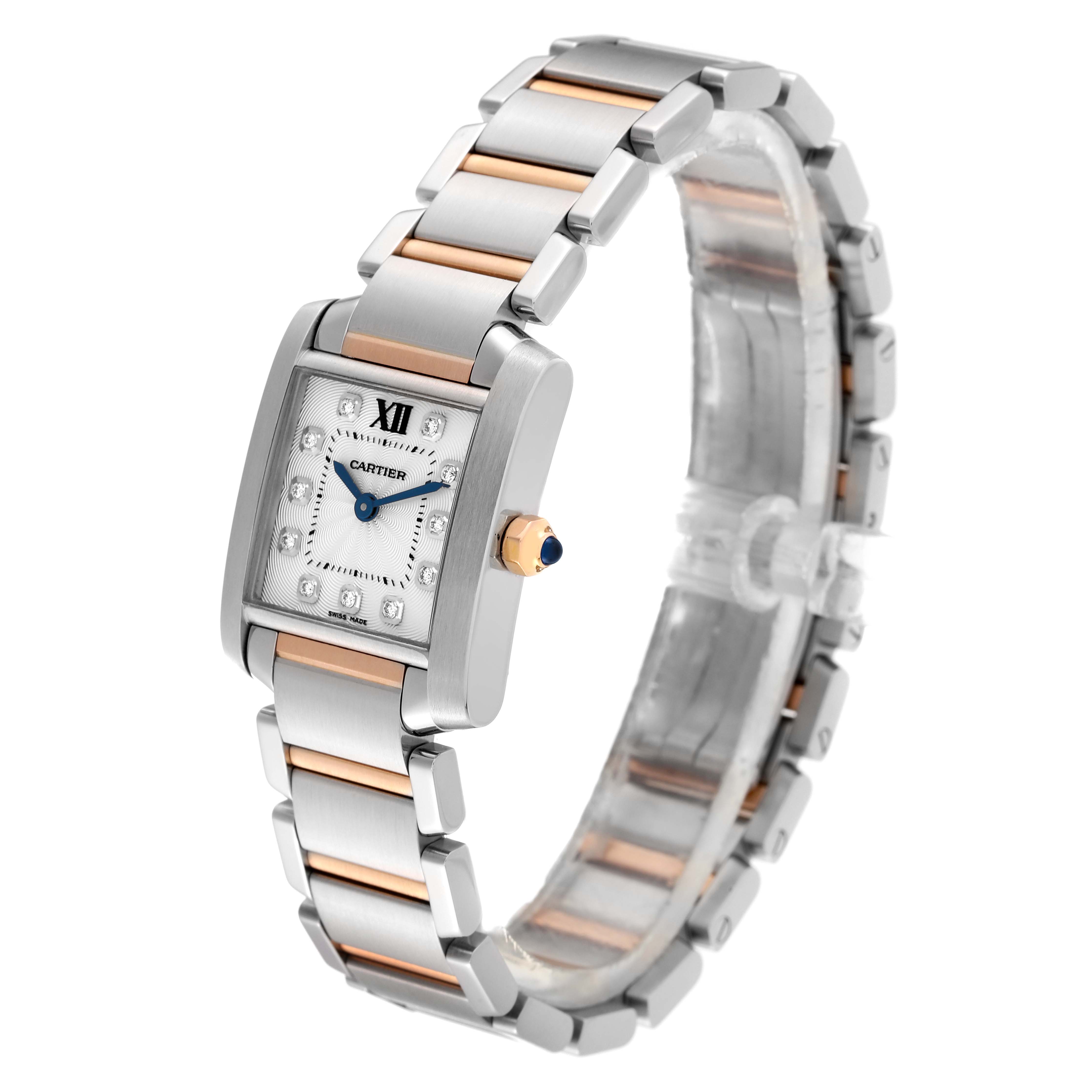 This image shows a side view of the Cartier Tank Francaise WE110004 Women's Steel and Gold (two tone) Silver Dial WE110004 Women's Steel and Gold (two tone) Silver Dial watch, highlighting its two-tone bracelet and square face with Roman numerals.