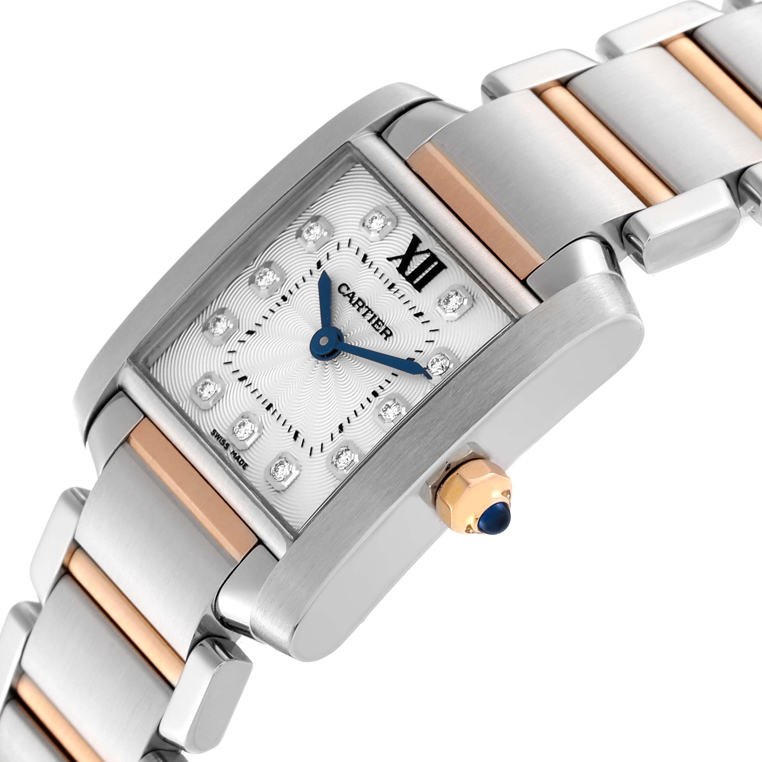 The image shows a close-up angled view of the Cartier Tank Francaise WE110004 Women's Steel and Gold (two tone) Silver Dial WE110004 Women's Steel and Gold (two tone) Silver Dial watch, highlighting its dial, hands, crown, and metal band.