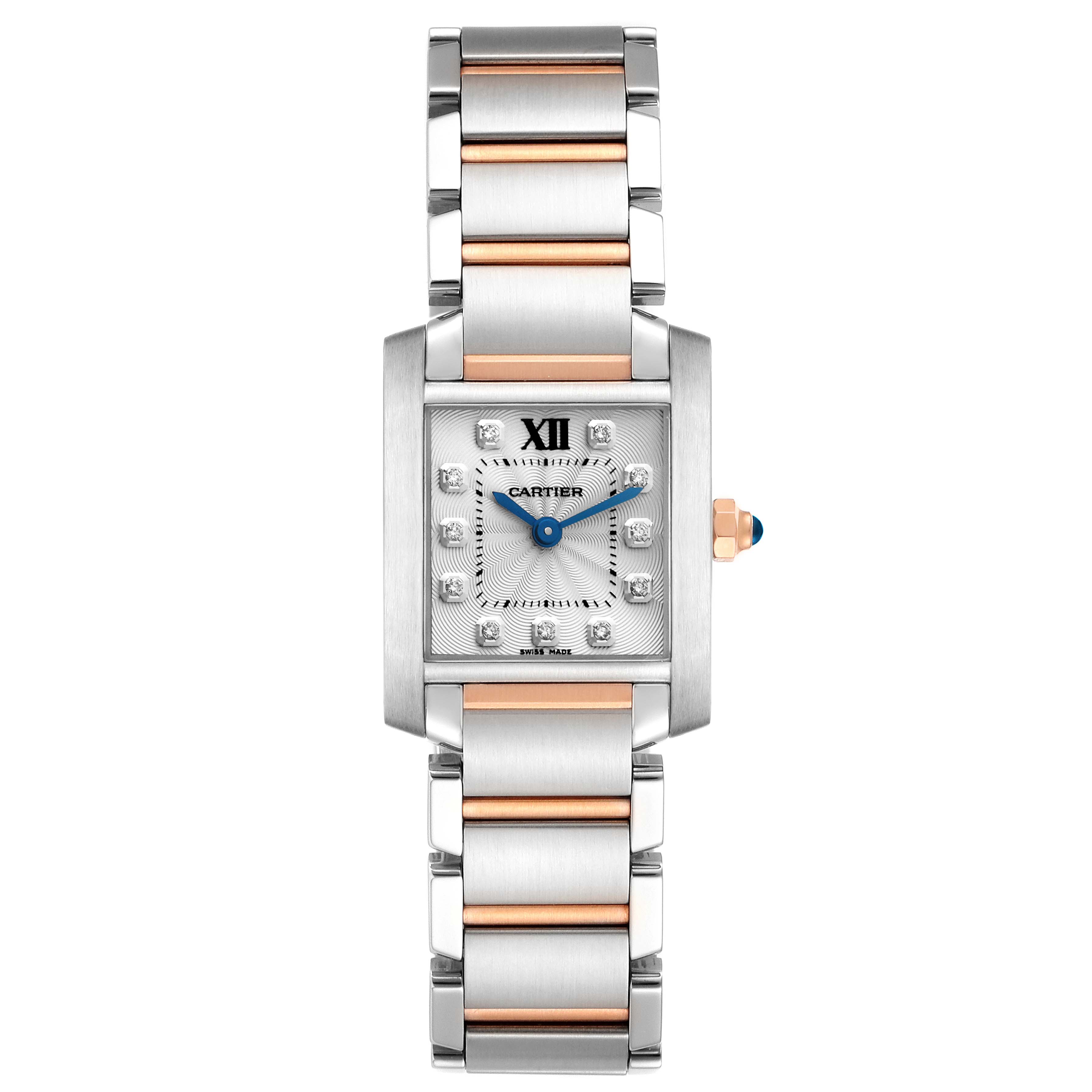 The image shows a top-down view of a Cartier Tank Francaise WE110004 Women's Steel and Gold (two tone) Silver Dial WE110004 Women's Steel and Gold (two tone) Silver Dial watch, highlighting its face, dial, and two-tone metal bracelet.