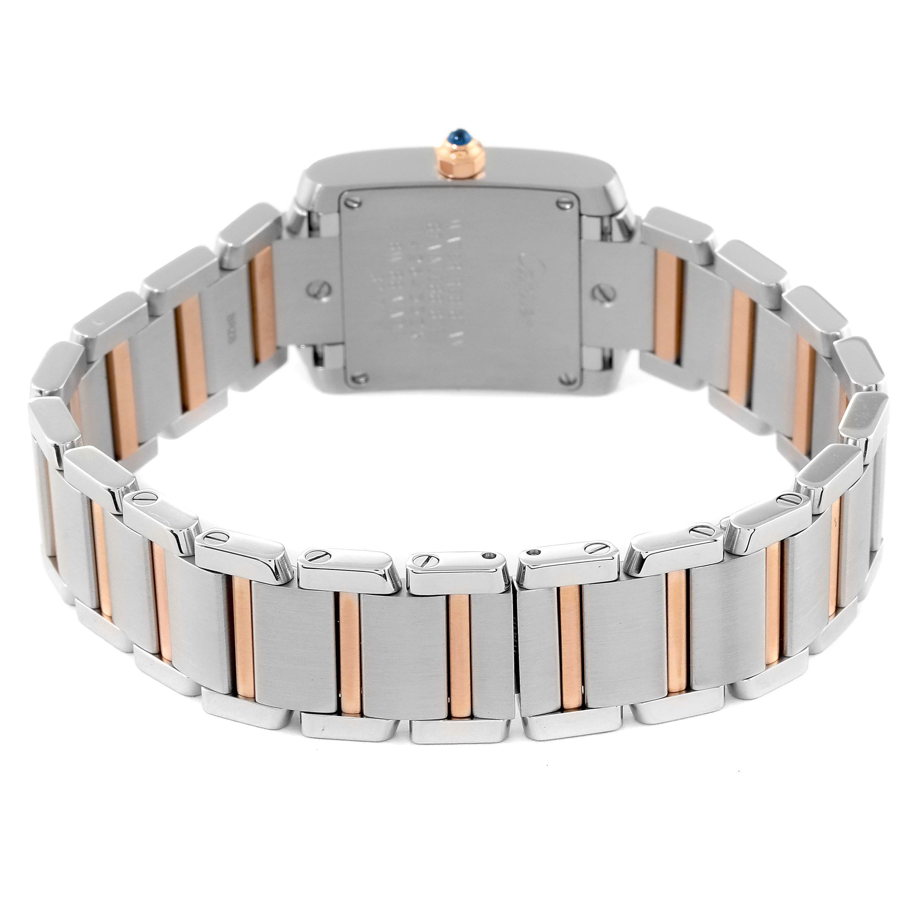 The image shows the back case and bracelet of a Cartier Tank Francaise WE110004 Women's Steel and Gold (two tone) Silver Dial WE110004 Women's Steel and Gold (two tone) Silver Dial watch with a focus on the stainless steel and gold details.