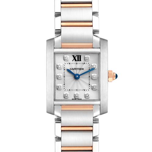 The image shows a frontal view of the Cartier Tank Francaise watch, displaying its face, bracelet, and crown.