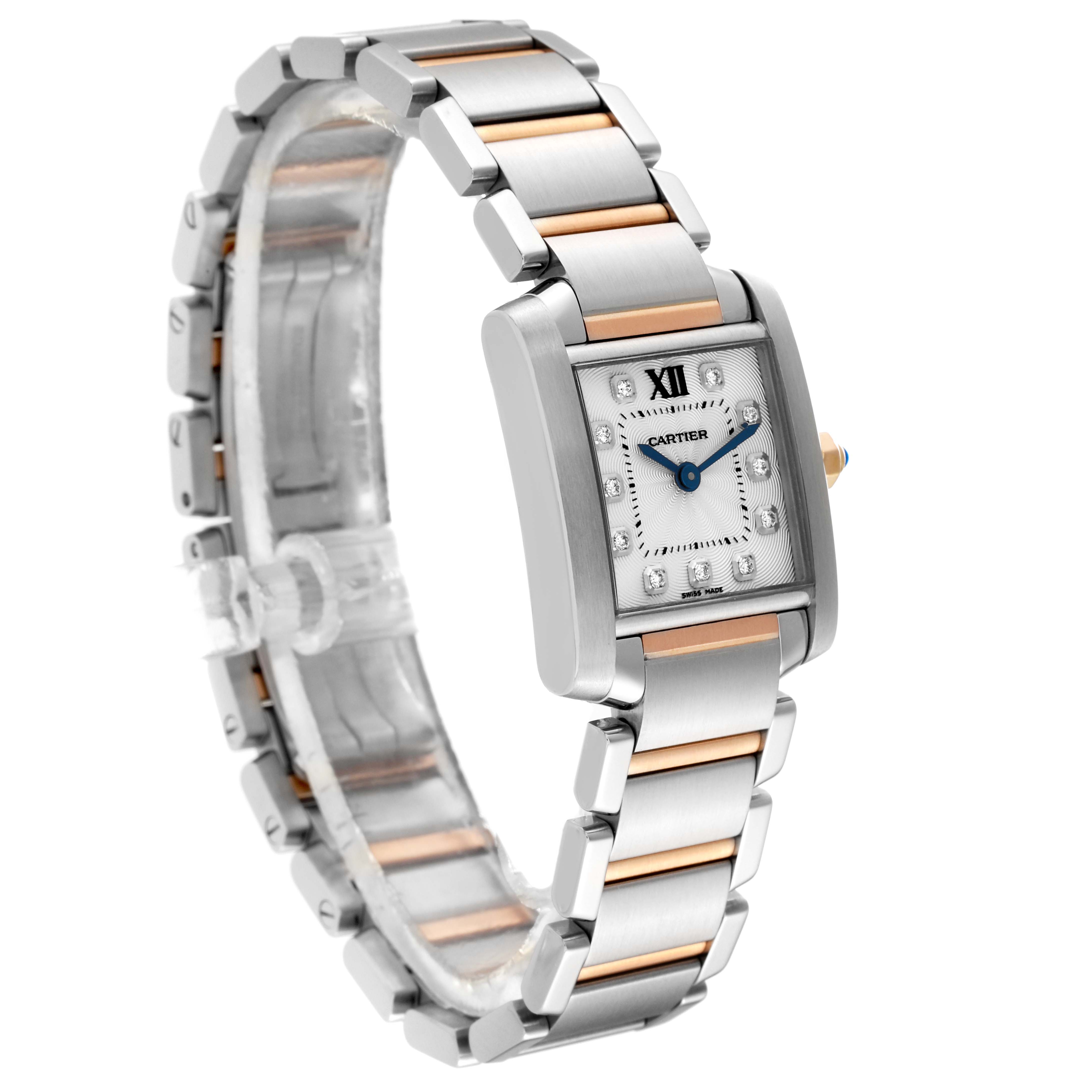 The image shows a Cartier Tank Francaise WE110004 Women's Steel and Gold (two tone) Silver Dial WE110004 Women's Steel and Gold (two tone) Silver Dial watch from an angled side view, highlighting its rectangular face and metal bracelet with gold accents.