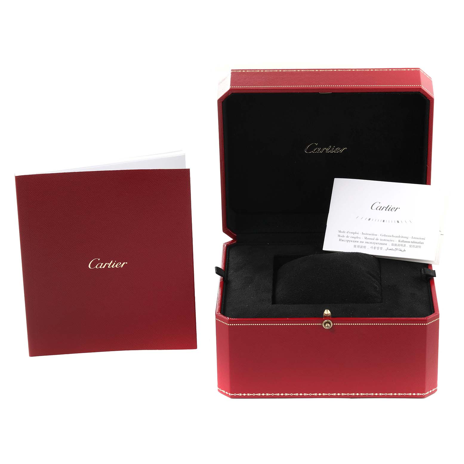 The image shows the packaging, including a red box and booklets, for a Cartier Tank Française watch.