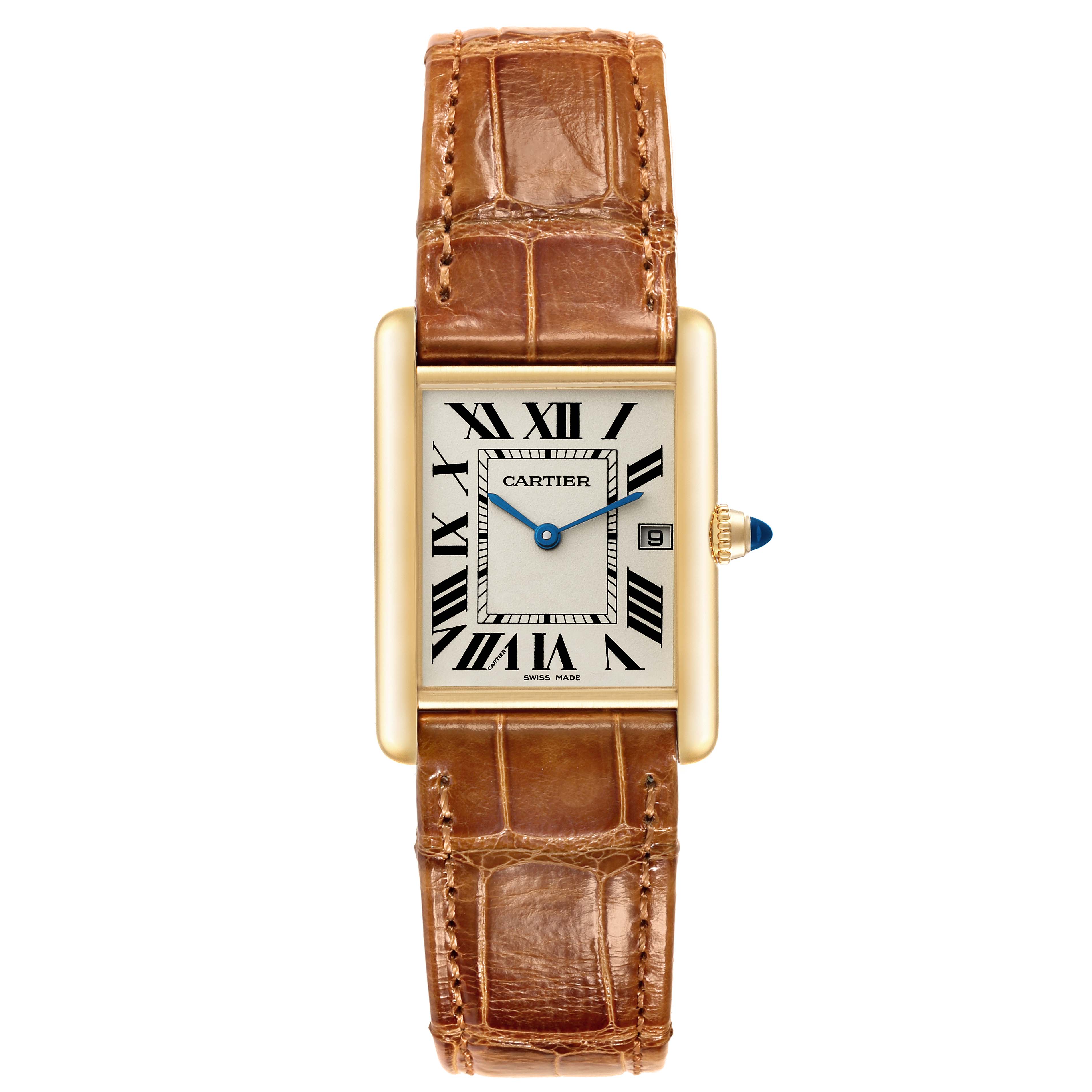 This image shows a front view of a Cartier Tank Louis W1529756 Men
s Yellow Gold Silver Dial W1529756 Men
s Yellow Gold Silver Dial watch, highlighting its face, strap, and crown.