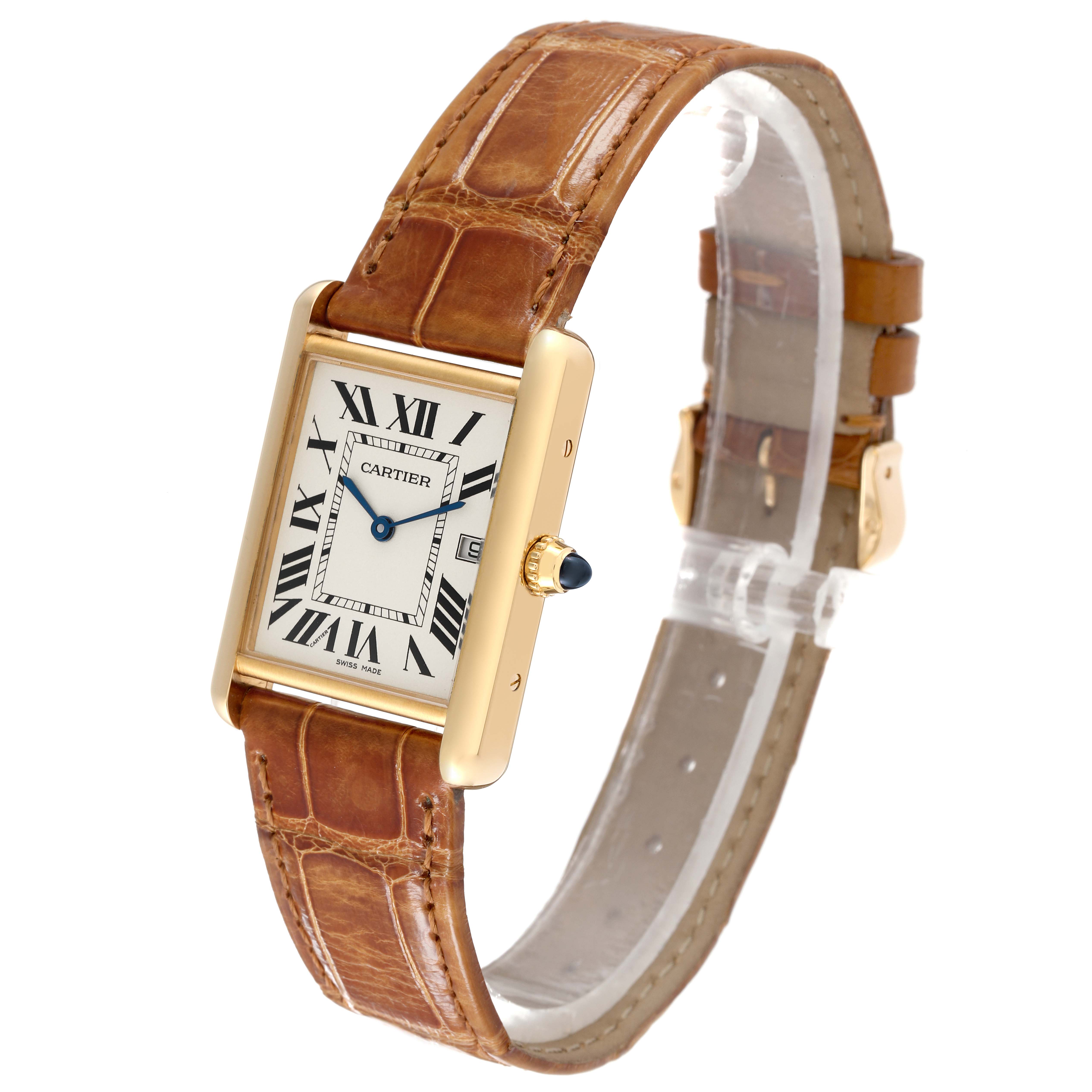 The Tank Louis model by Cartier is shown at a three-quarter angle, highlighting the face, crown, and leather strap.
