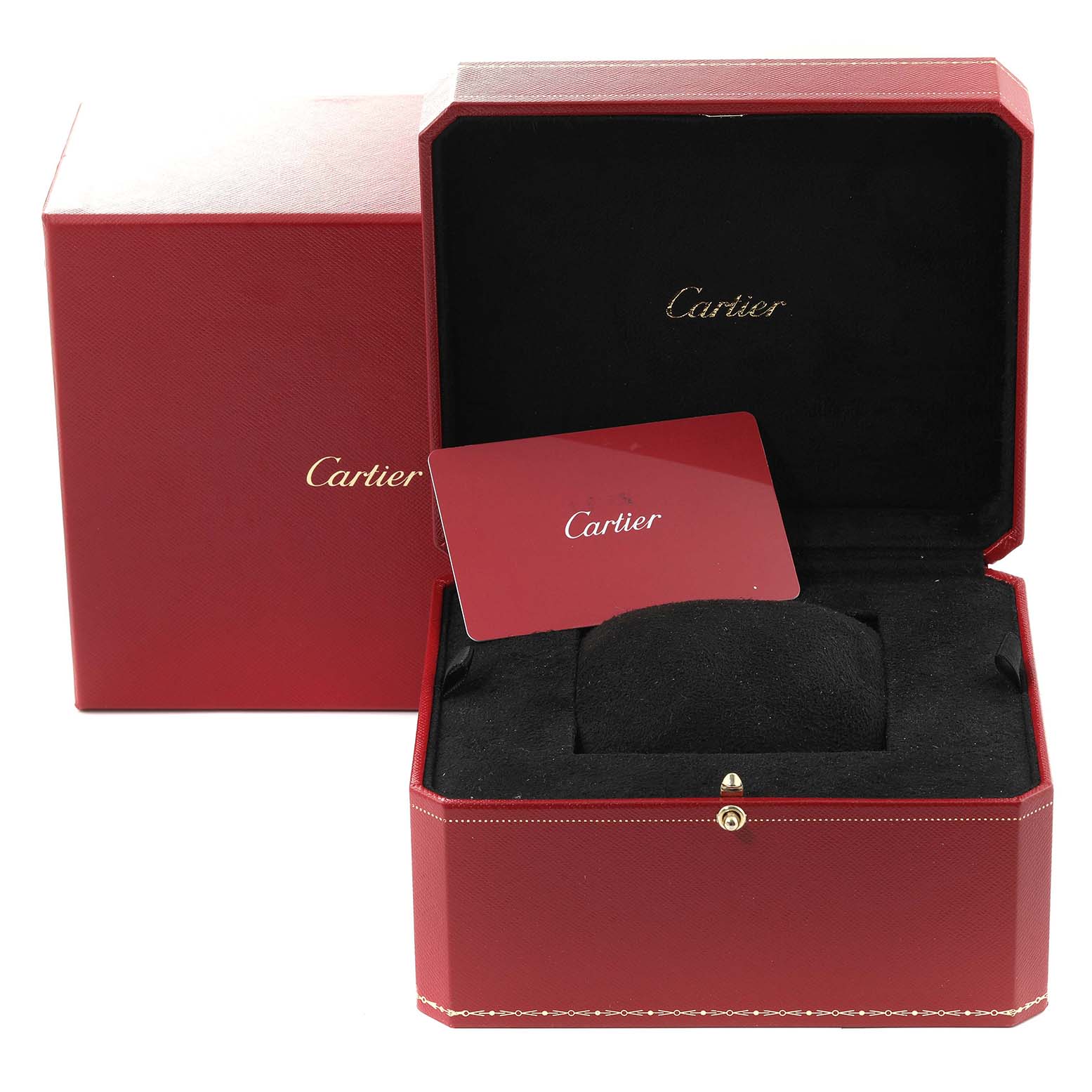 This image shows the packaging box, inner case, and Best Quality
ity card for the Tank Louis model by Cartier.