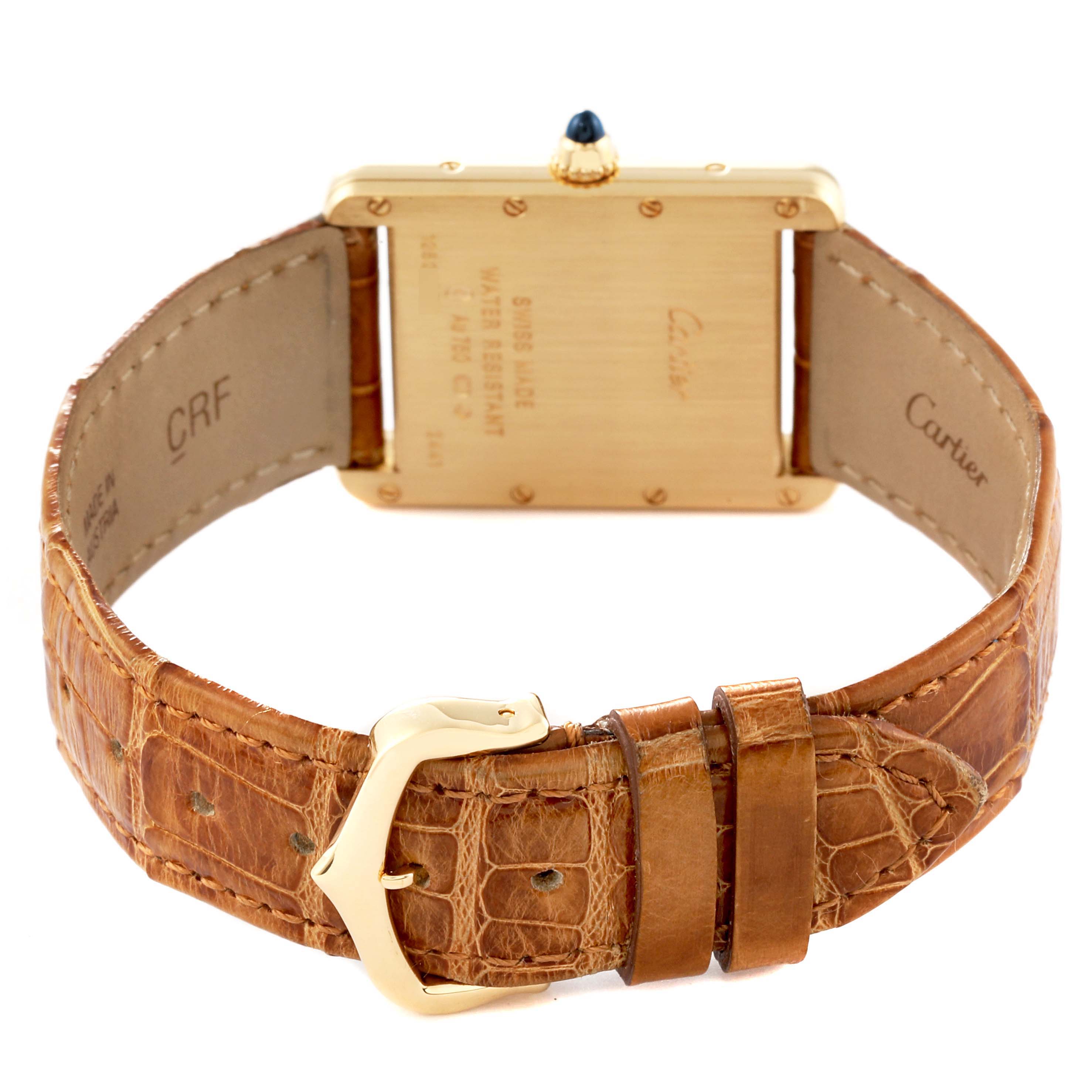 The image shows the back view of the Cartier Tank Louis W1529756 Men
s Yellow Gold Silver Dial W1529756 Men
s Yellow Gold Silver Dial model watch, highlighting the clasp and leather strap.