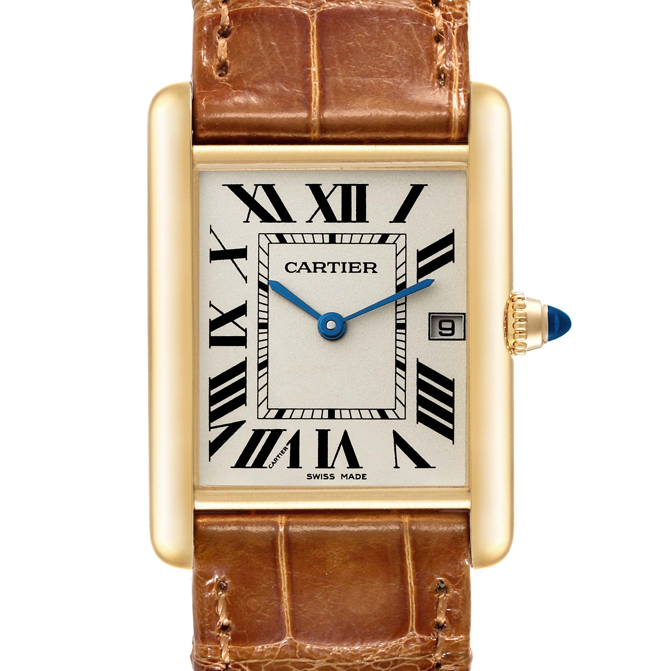 The image shows a Cartier Tank Louis W1529756 Men
s Yellow Gold Silver Dial W1529756 Men
s Yellow Gold Silver Dial watch front view, highlighting its dial, Roman numerals, hands, date window, and leather strap.