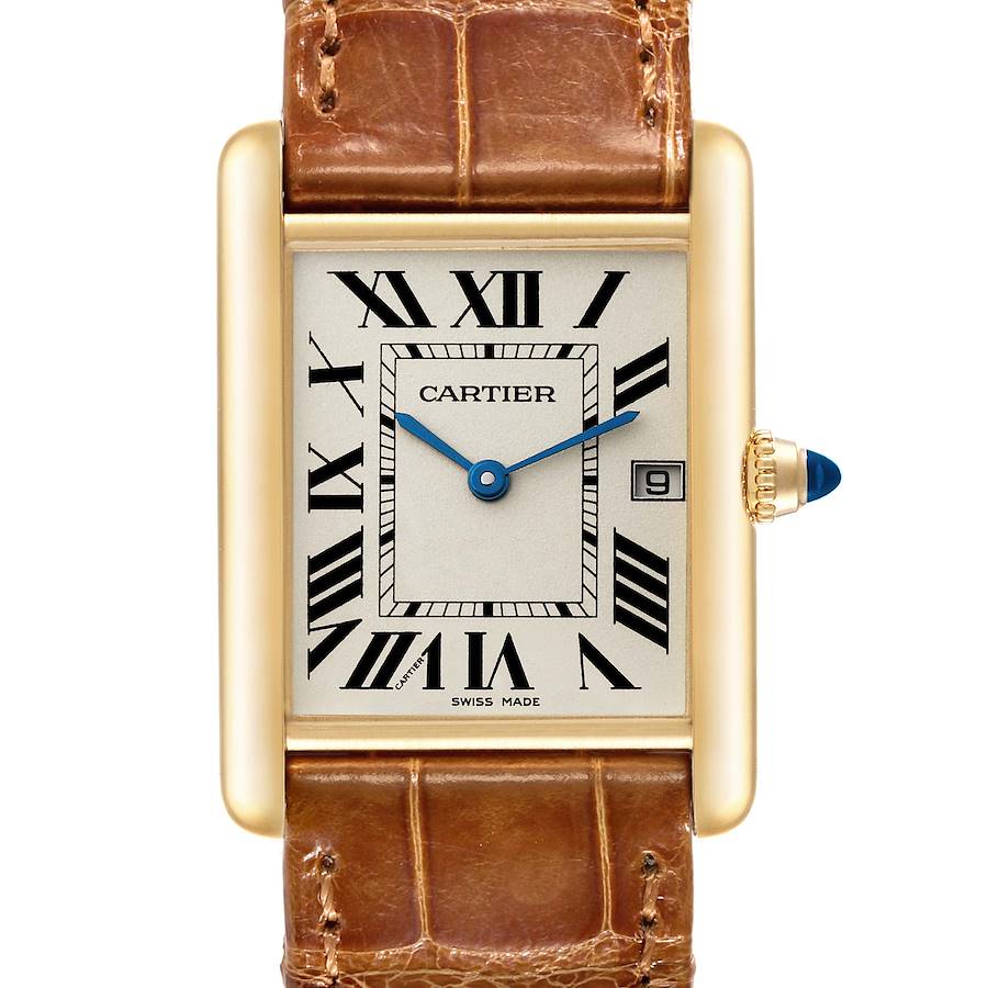 Cartier Tank Louis Yellow Gold Leather Mens Watch W1529756 Box Card SwissWatchExpo