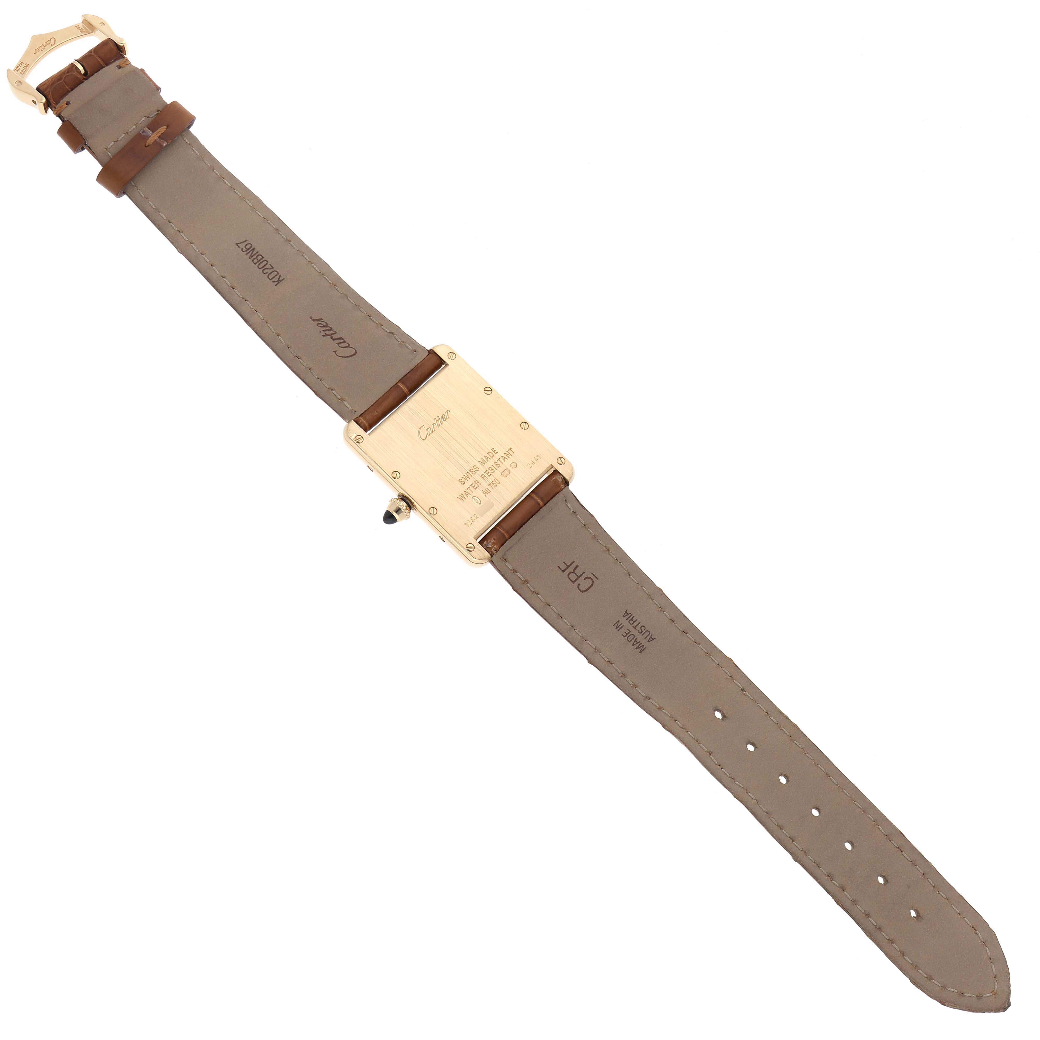 This image shows the back view and leather strap of the Tank Louis model watch by Cartier.