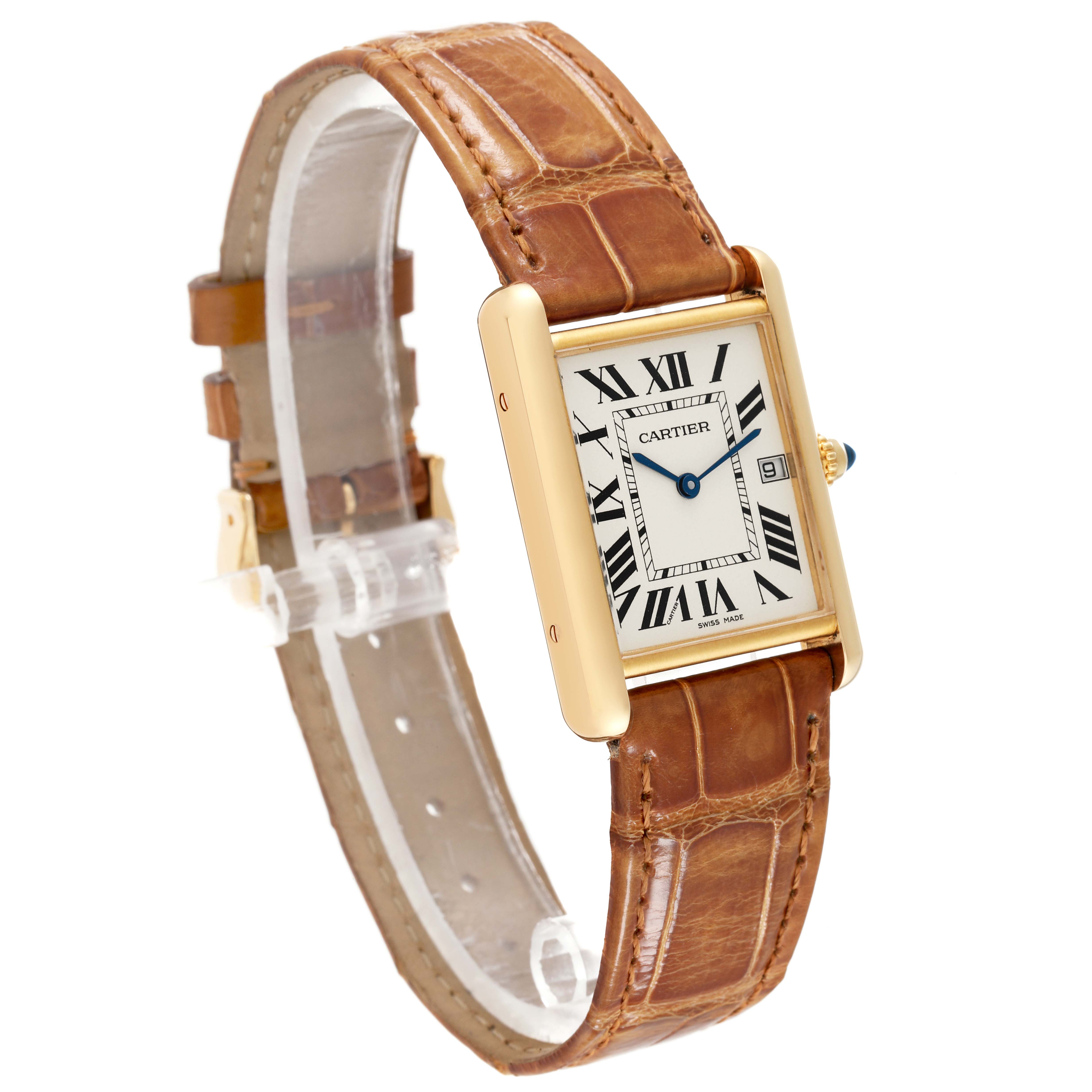 This is a Tank Louis model watch by Cartier, featuring a rectangular face, Roman numerals, and a brown leather strap.