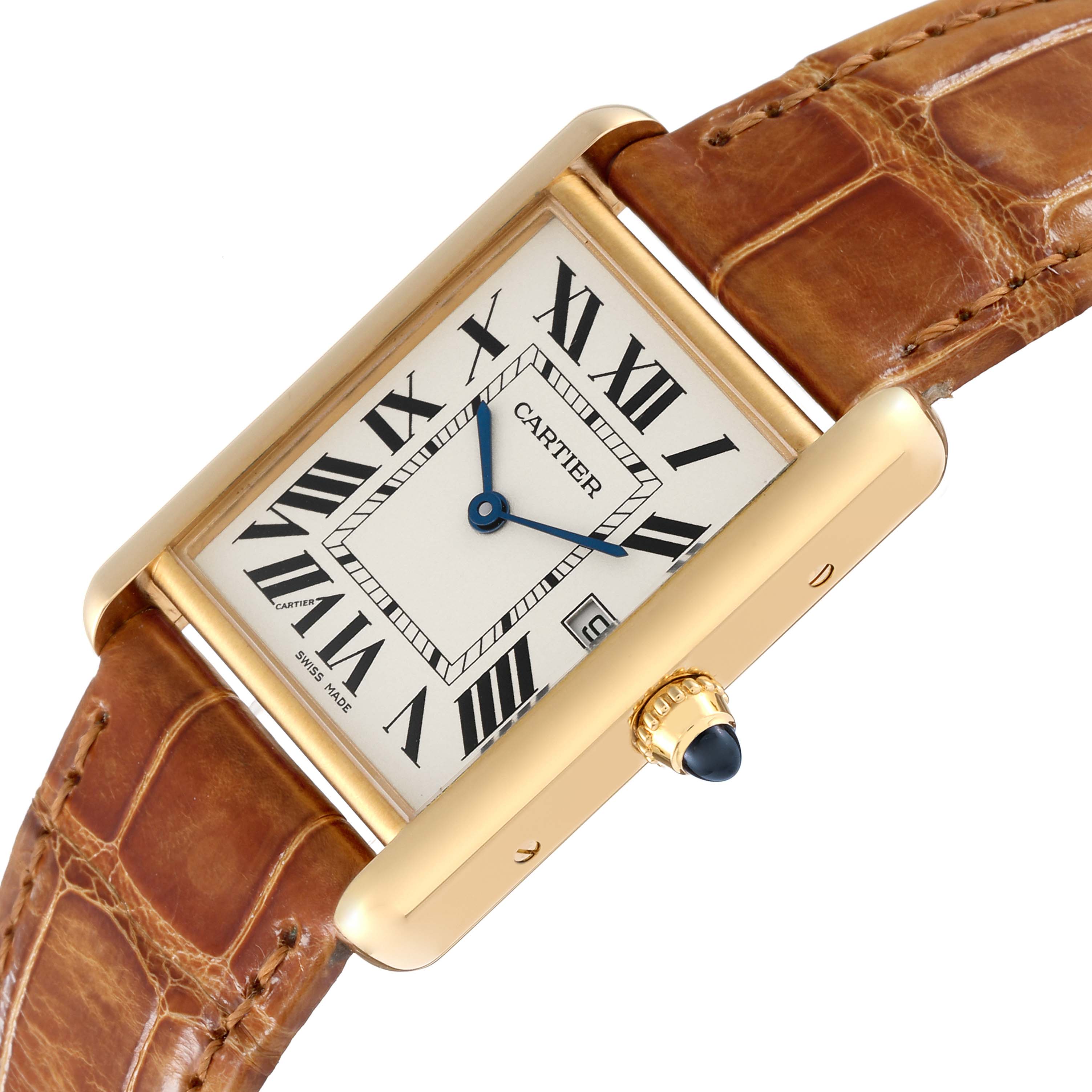 The image shows a Cartier Tank Louis W1529756 Men
s Yellow Gold Silver Dial W1529756 Men
s Yellow Gold Silver Dial watch at a slight diagonal angle, highlighting the face, crown, and leather strap.