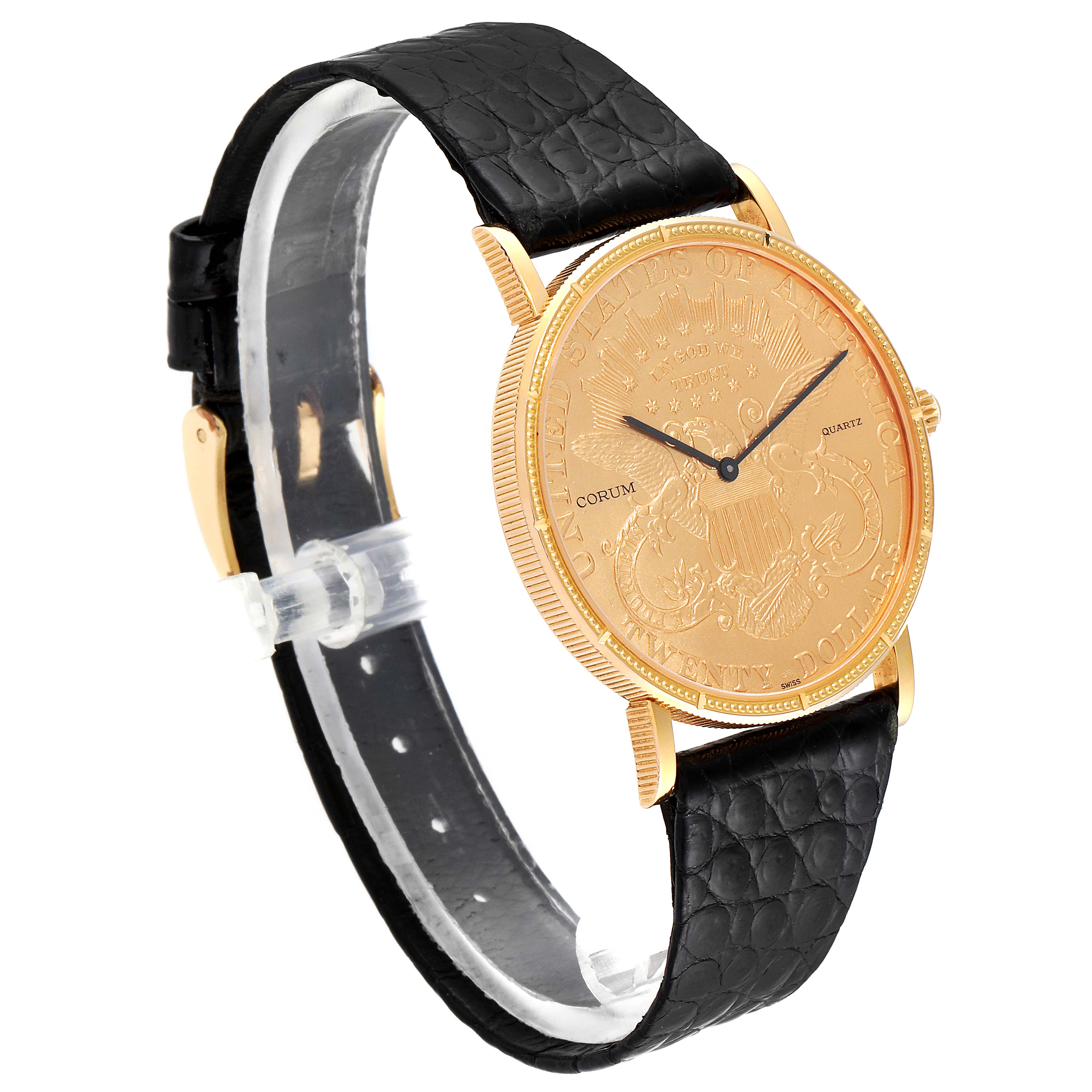 The image shows a Corum Coin Watch  Men's Yellow Gold Black Dial  Men's Yellow Gold Black Dial model captured at a three-quarter angle, displaying its case, dial, and black leather strap clearly.