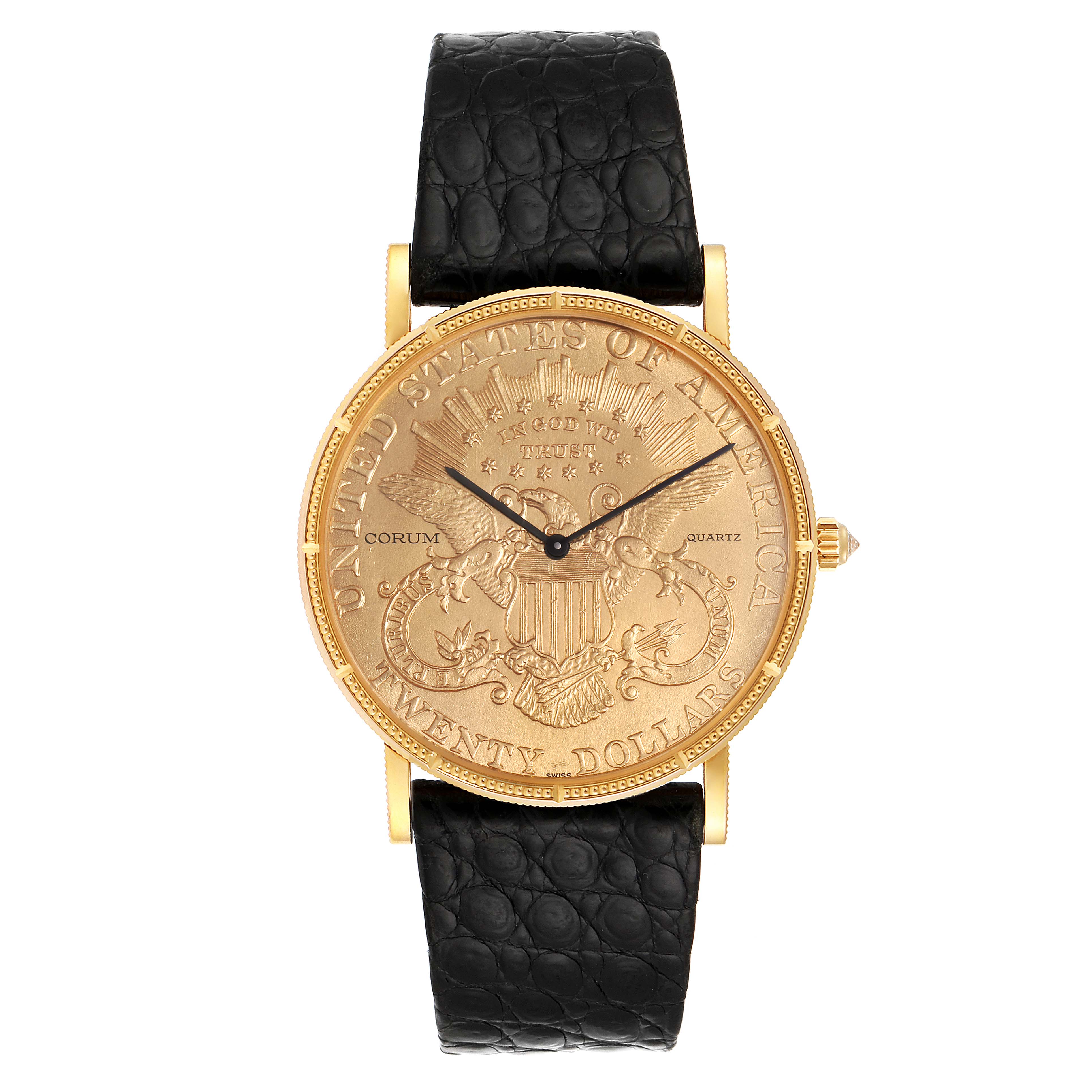 The image shows a frontal view of a Corum Coin Watch  Men's Yellow Gold Black Dial  Men's Yellow Gold Black Dial model with a gold case and a black leather strap.