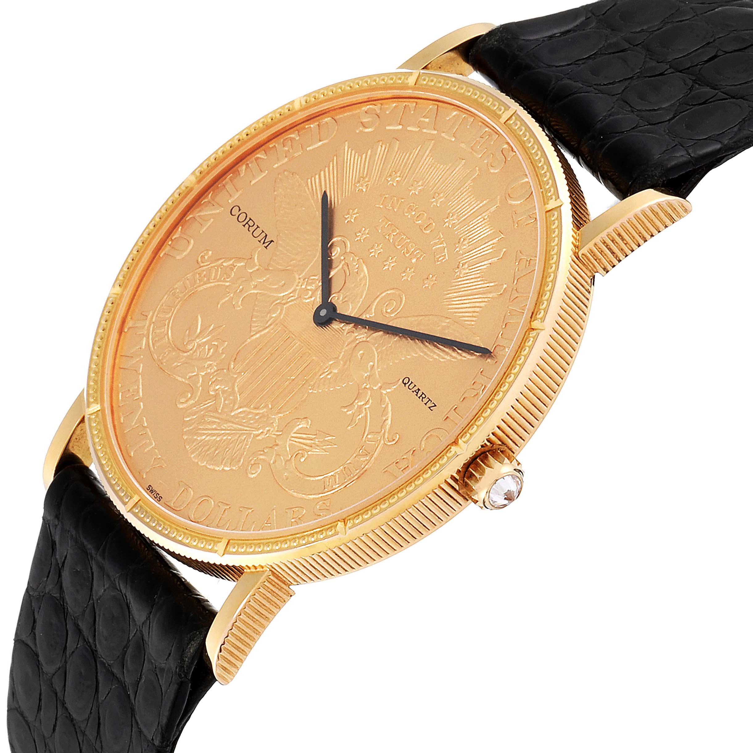 The Corum Coin Watch  Men's Yellow Gold Black Dial  Men's Yellow Gold Black Dial model is shown at an angled side view, displaying its golden case and black leather strap.