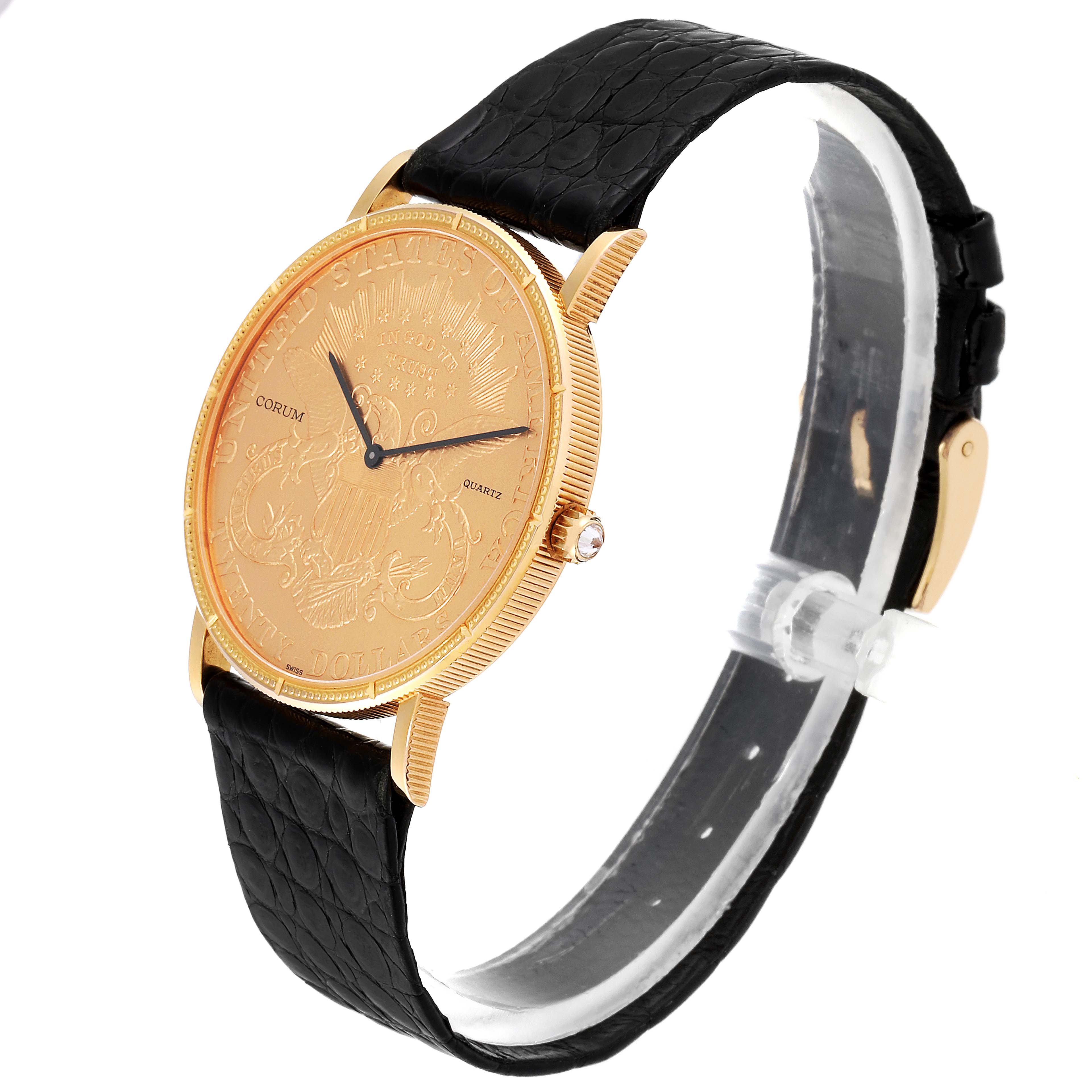 The image shows a Corum Coin Watch  Men's Yellow Gold Black Dial  Men's Yellow Gold Black Dial model from a side angle, highlighting the watch face, case, crown, and leather strap.