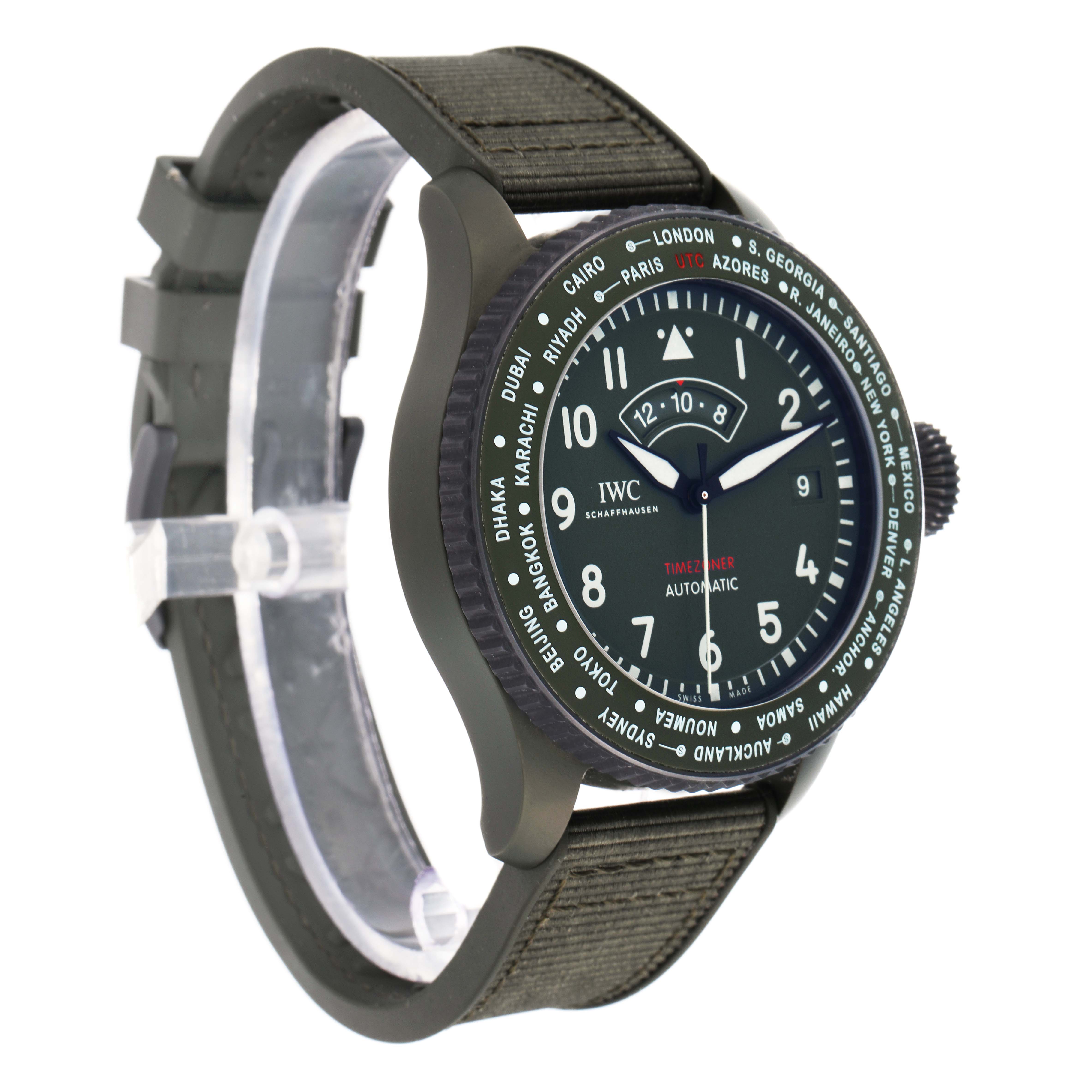 The IWC Pilot IW395601 Men
s Ceramic Green Dial model watch is shown at a three-quarter angle, displaying the face, bezel, strap, and side view of the case with visible crown.