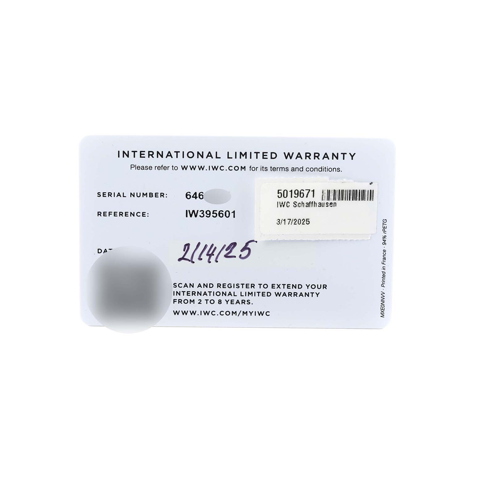 The image shows an IWC Pilot IW395601 Men
s Ceramic Green Dial model warranty card with serial and reference numbers.