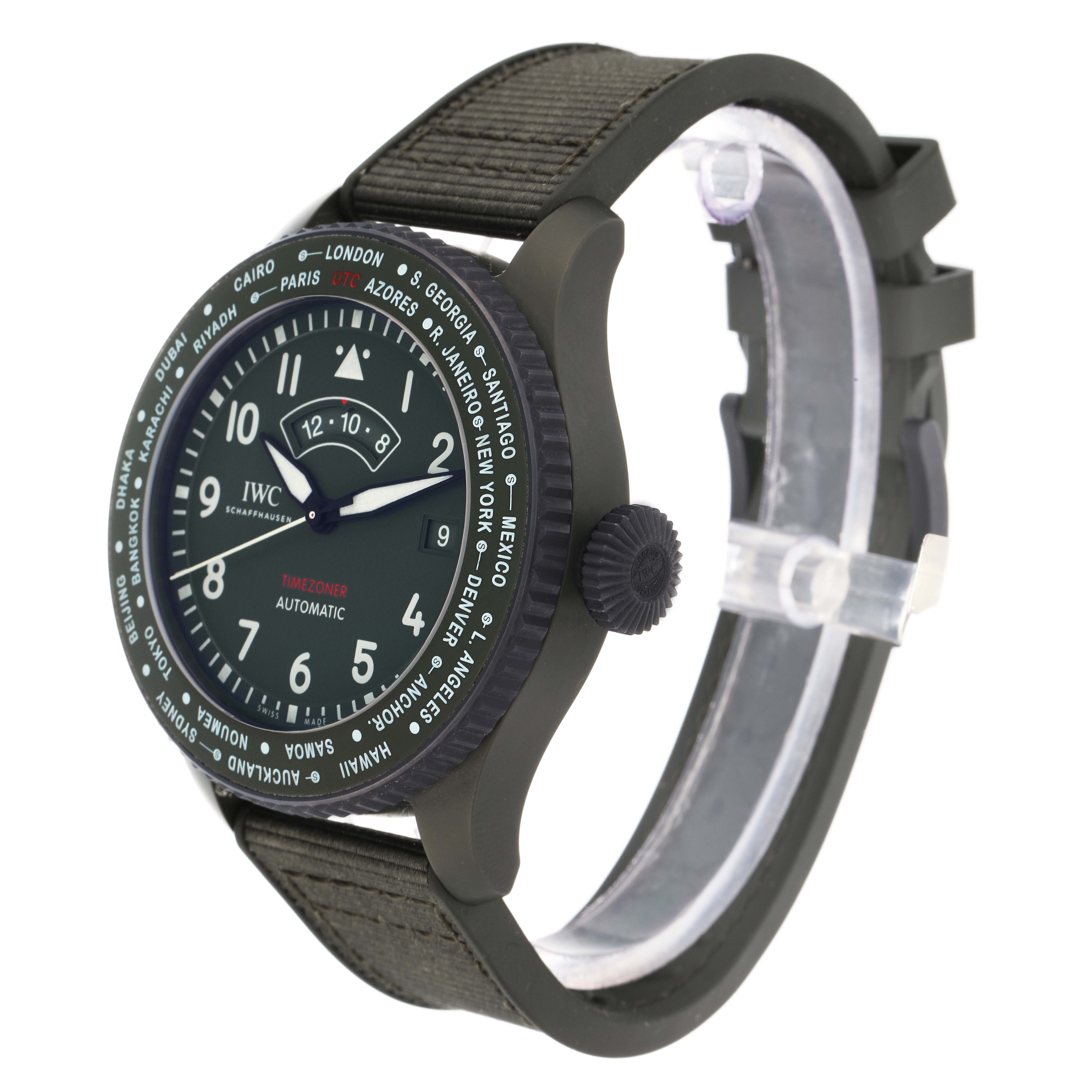 The IWC Pilot IW395601 Men
s Ceramic Green Dial watch is shown at a three-quarter angle, highlighting the bezel, crown, dial, and strap.