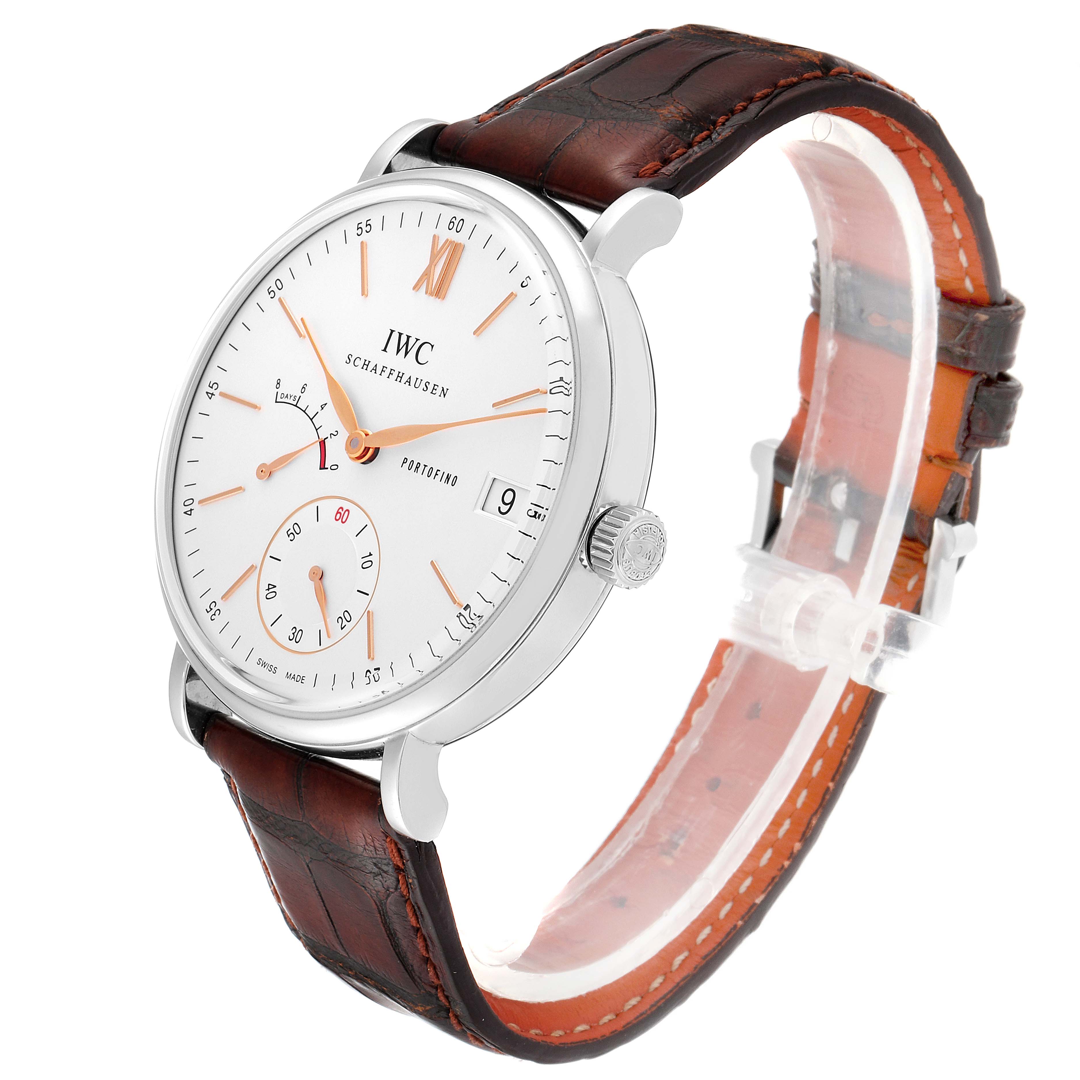 The image shows a side view of an IWC Portofino IW510103 Men's Stainless Steel Silver Dial IW510103 Men's Stainless Steel Silver Dial watch, highlighting its face, dial, crown, and brown leather strap.