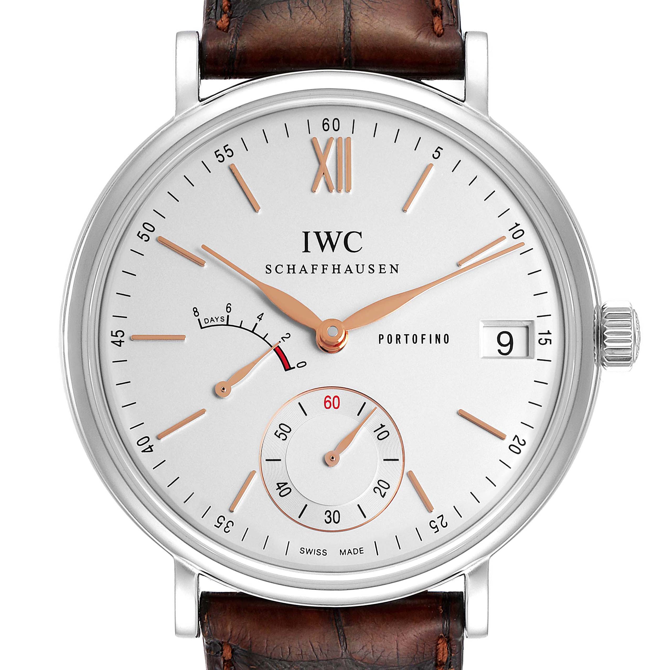The IWC Portofino IW510103 Men's Stainless Steel Silver Dial IW510103 Men's Stainless Steel Silver Dial watch is shown from the front, highlighting the dial, hands, sub-dials, and date window against a leather strap.