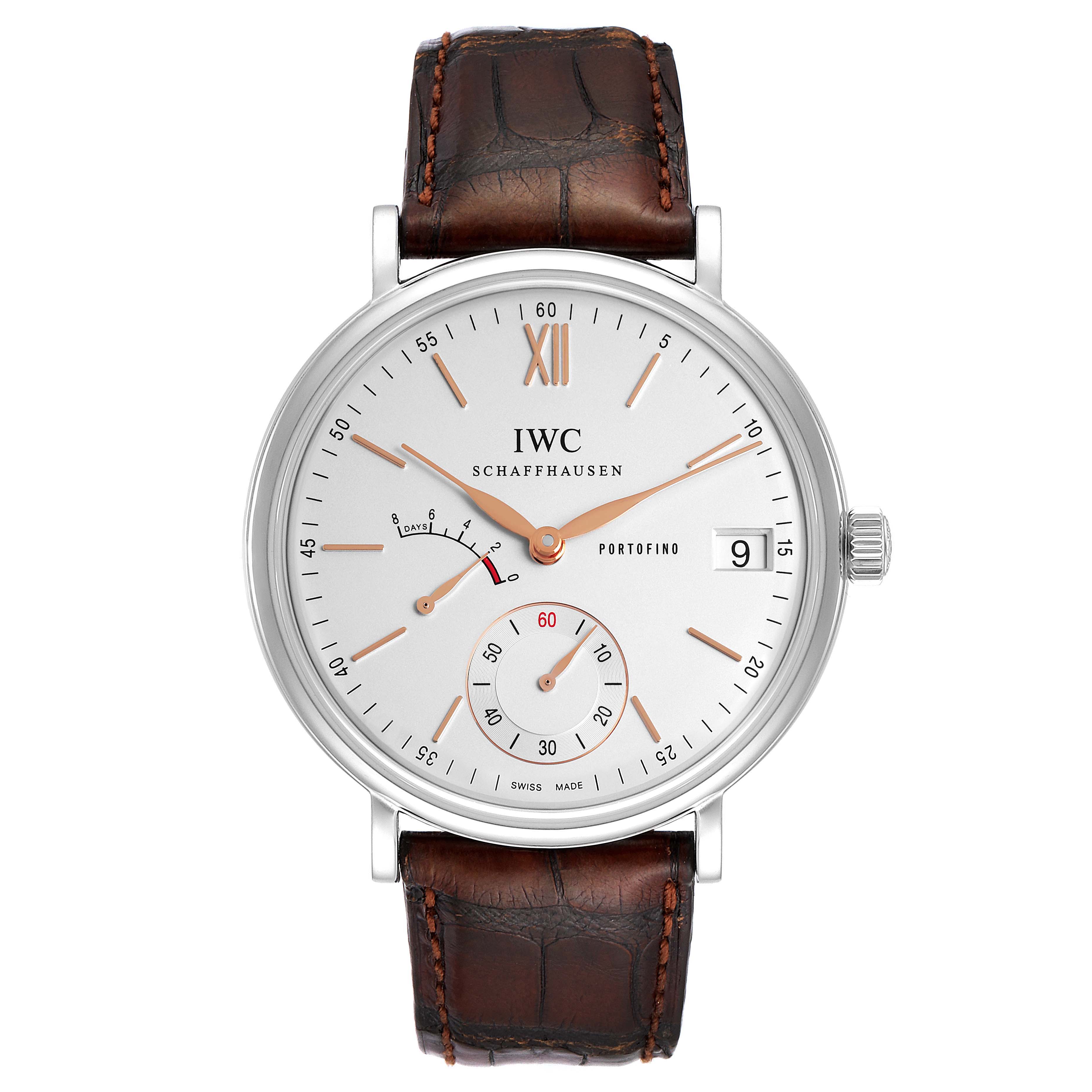 This image shows a frontal view of the IWC Portofino IW510103 Men's Stainless Steel Silver Dial IW510103 Men's Stainless Steel Silver Dial watch, displaying its face, hands, dial, and leather strap.