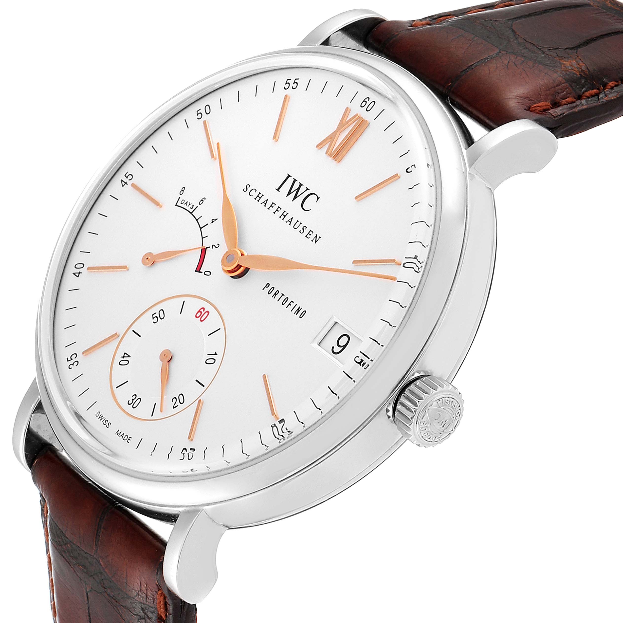 The image shows a close-up, angled view of an IWC Portofino IW510103 Men's Stainless Steel Silver Dial IW510103 Men's Stainless Steel Silver Dial watch, highlighting the face, crown, and leather strap.