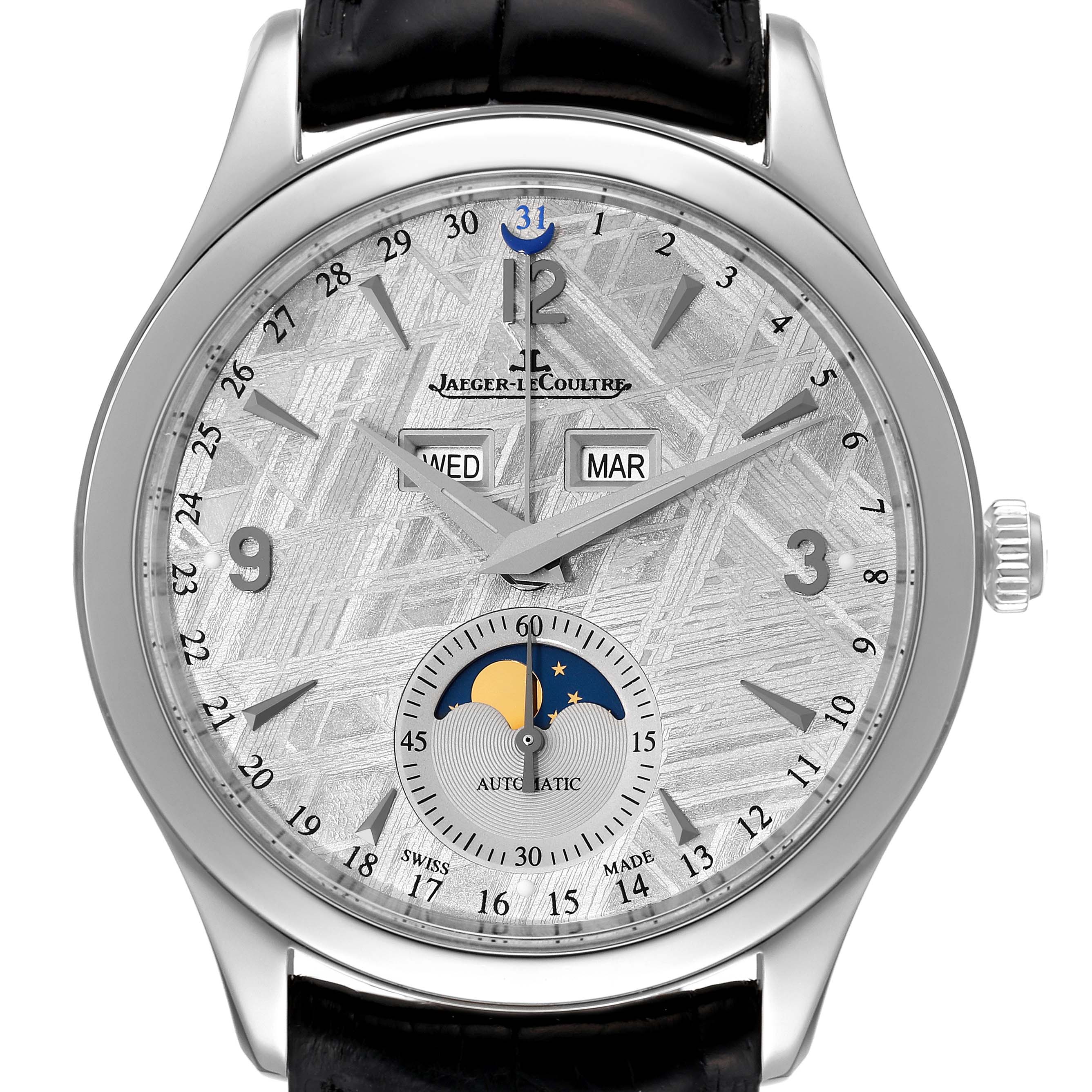This image shows a front view of the Jaeger-LeCoultre Master model watch, highlighting its calendar, moon phase, and time features.