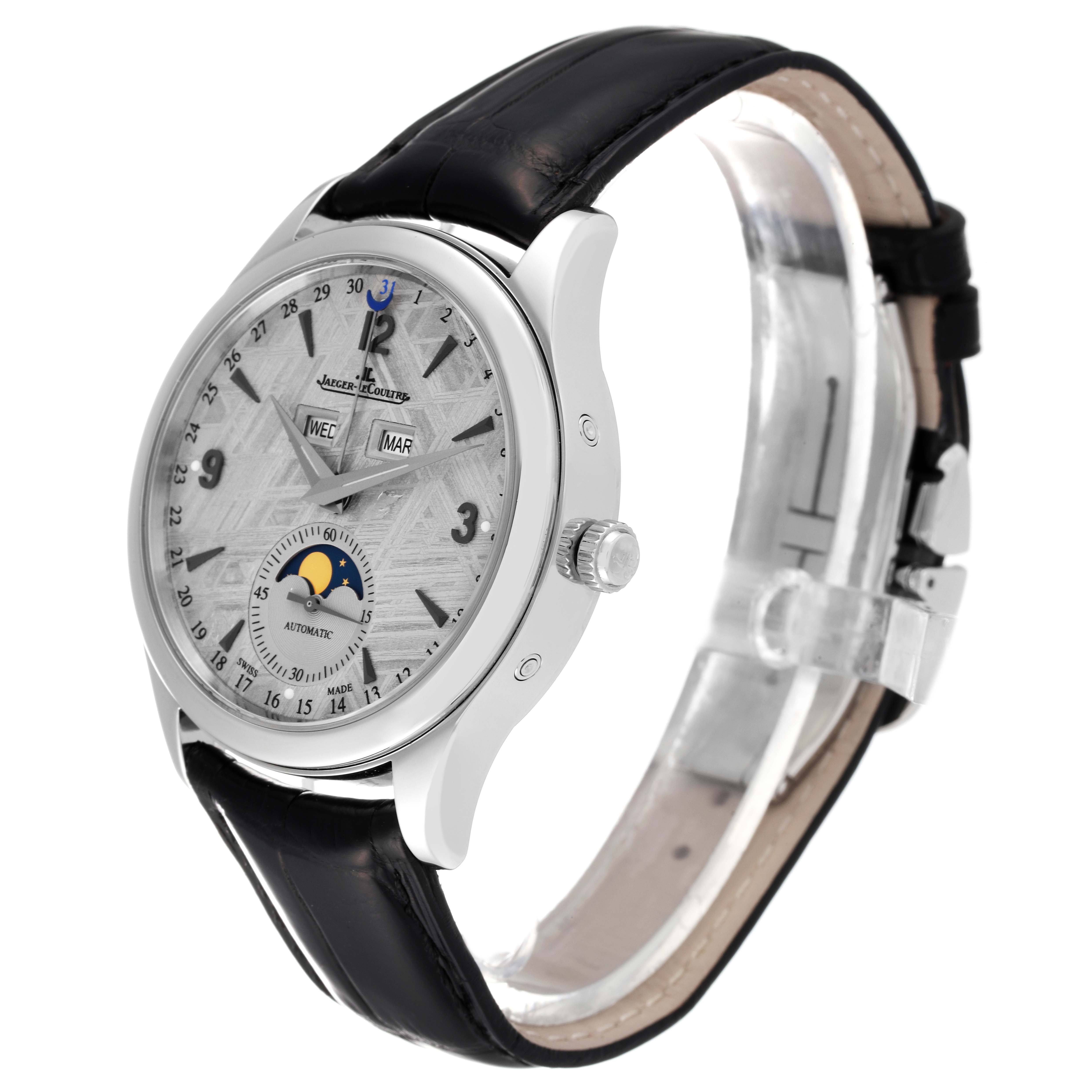 The image shows a Jaeger-LeCoultre Master model watch from a side angle, displaying its dial, crown, and black leather strap.