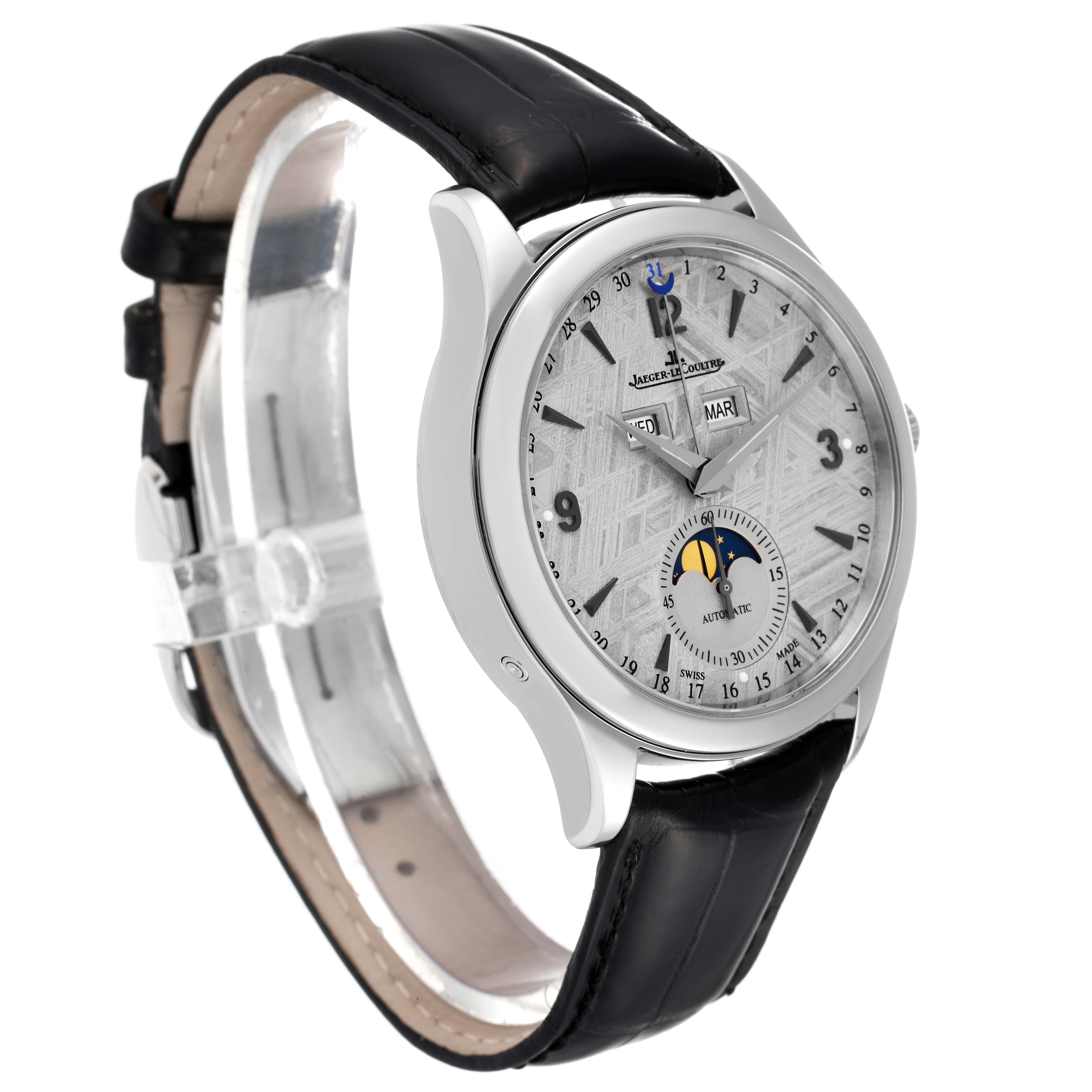 The image shows a Jaeger LeCoultre Master Q1558421 Men's Stainless Steel Silver Dial Q1558421 Men's Stainless Steel Silver Dial watch model at an angled side view, highlighting the dial, leather strap, and case.