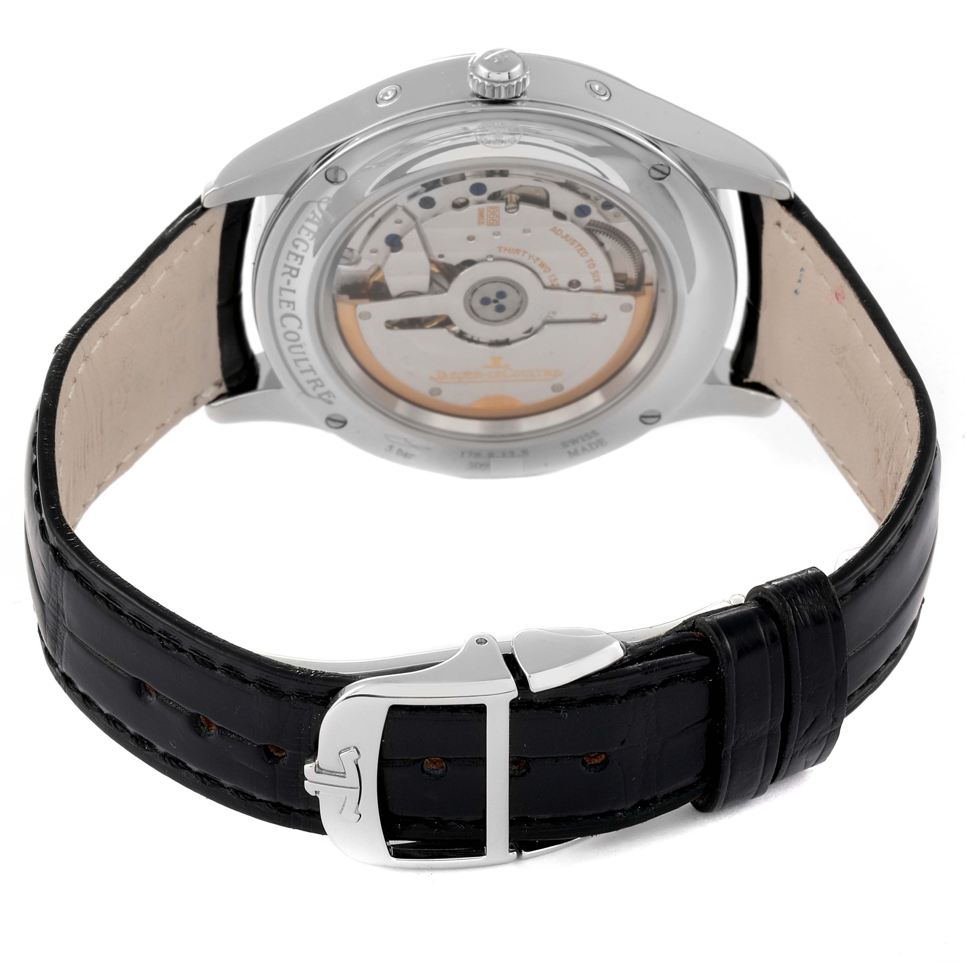 This image shows the back view of a Jaeger-LeCoultre Master model watch, highlighting the movement and black leather strap.