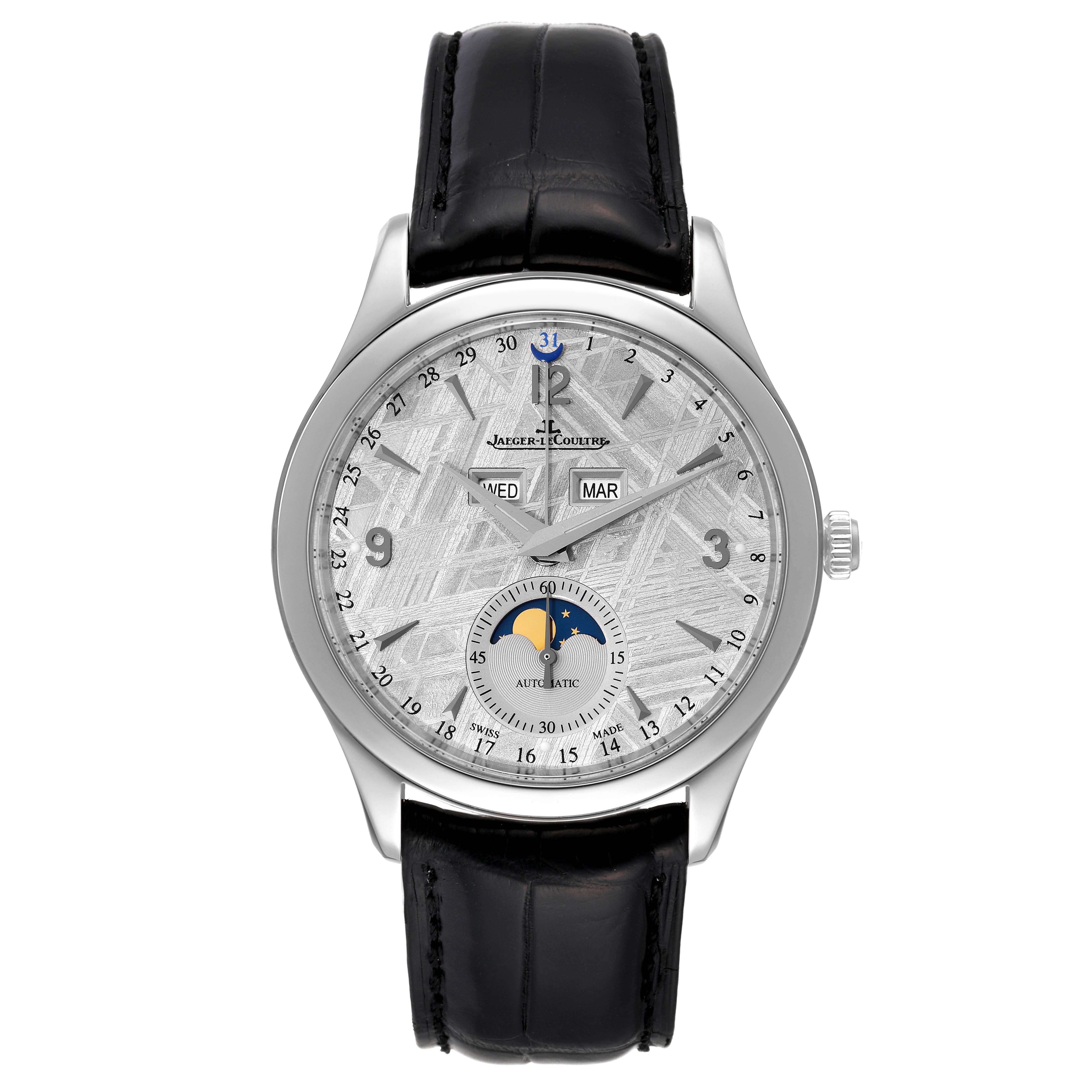 The Jaeger LeCoultre Master Q1558421 Men's Stainless Steel Silver Dial Q1558421 Men's Stainless Steel Silver Dial model watch is shown from a front view, displaying its face, bezel, hands, date, day, month, and moon phase indicators.