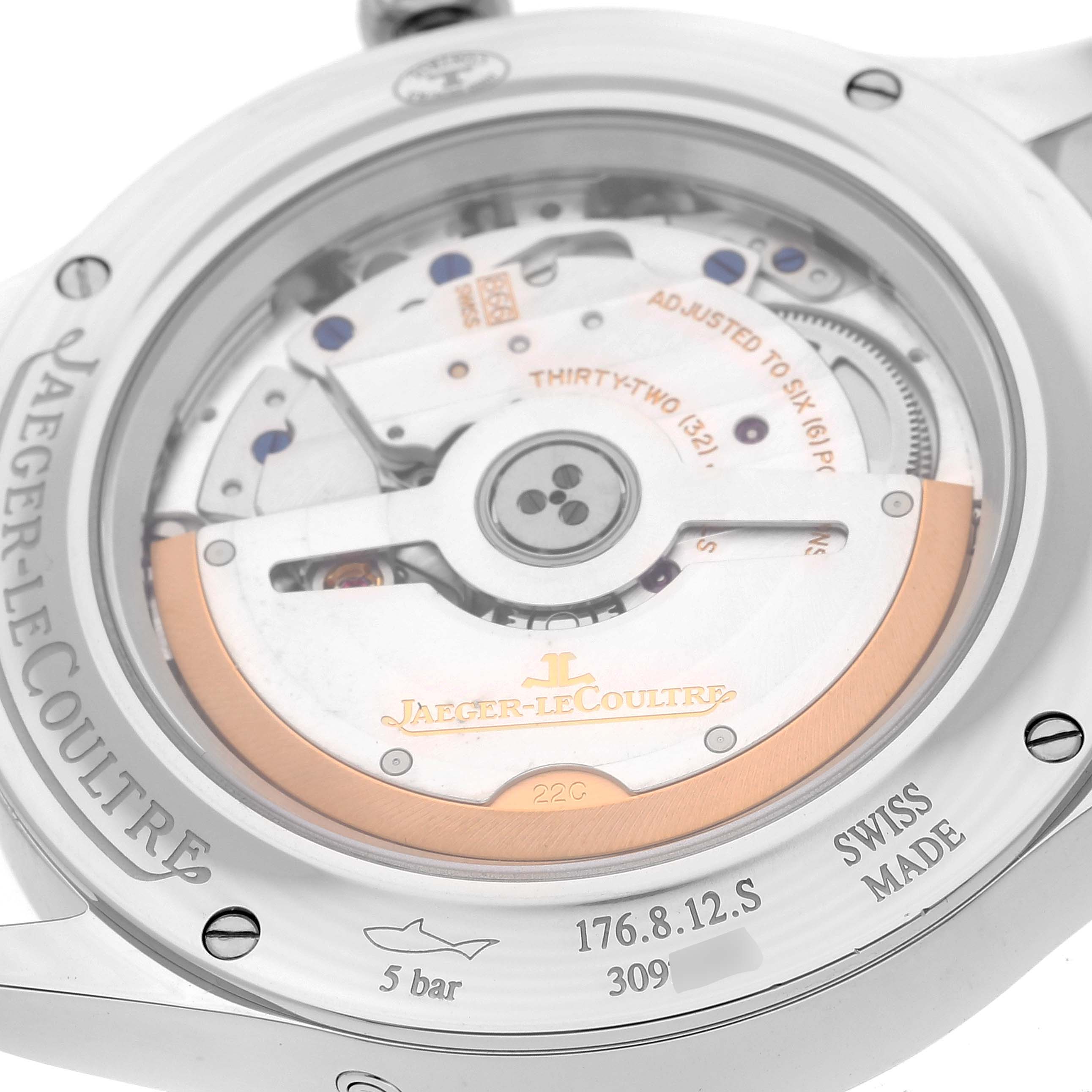 The image shows the back view of the Jaeger LeCoultre Master Q1558421 Men's Stainless Steel Silver Dial Q1558421 Men's Stainless Steel Silver Dial model watch, highlighting its movement and engravings.