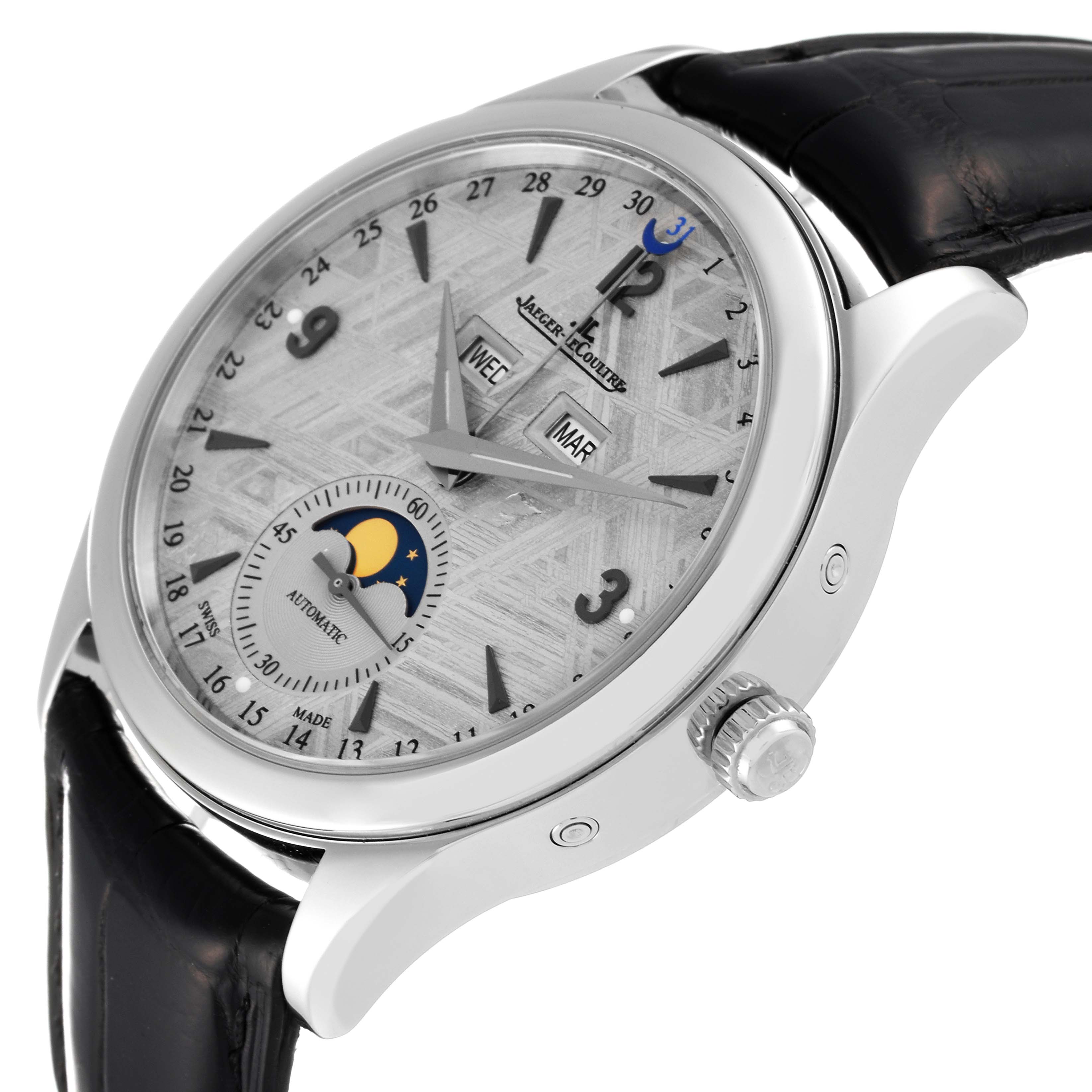 The image shows a Jaeger LeCoultre Master Q1558421 Men's Stainless Steel Silver Dial Q1558421 Men's Stainless Steel Silver Dial watch at a slight angle emphasizing its face, crown, and part of the strap.