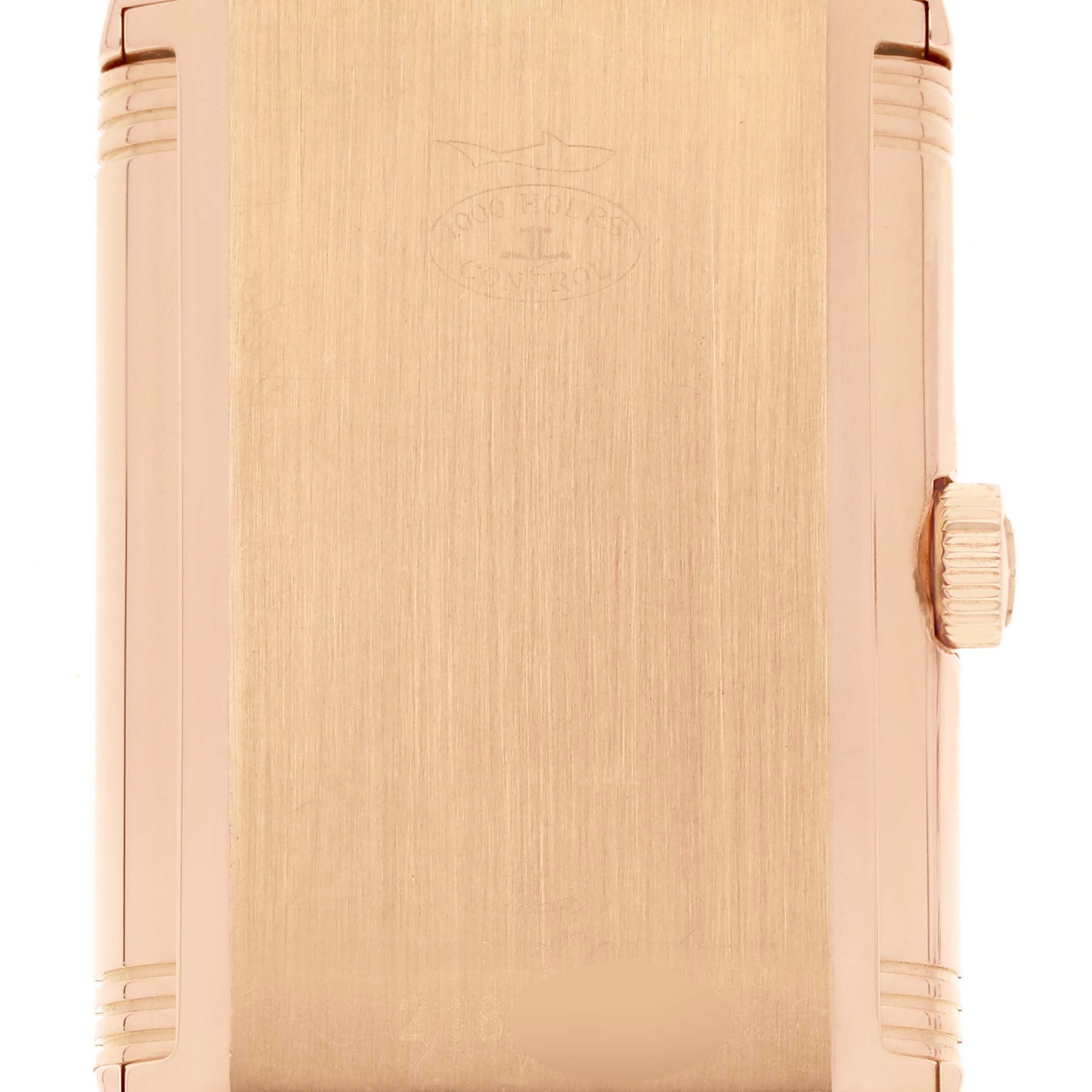 The image shows the reverse side and crown of a Jaeger LeCoultre Reverso Q2702420 Men's Rose Gold Silver Dial Q2702420 Men's Rose Gold Silver Dial watch, focused on the back case.