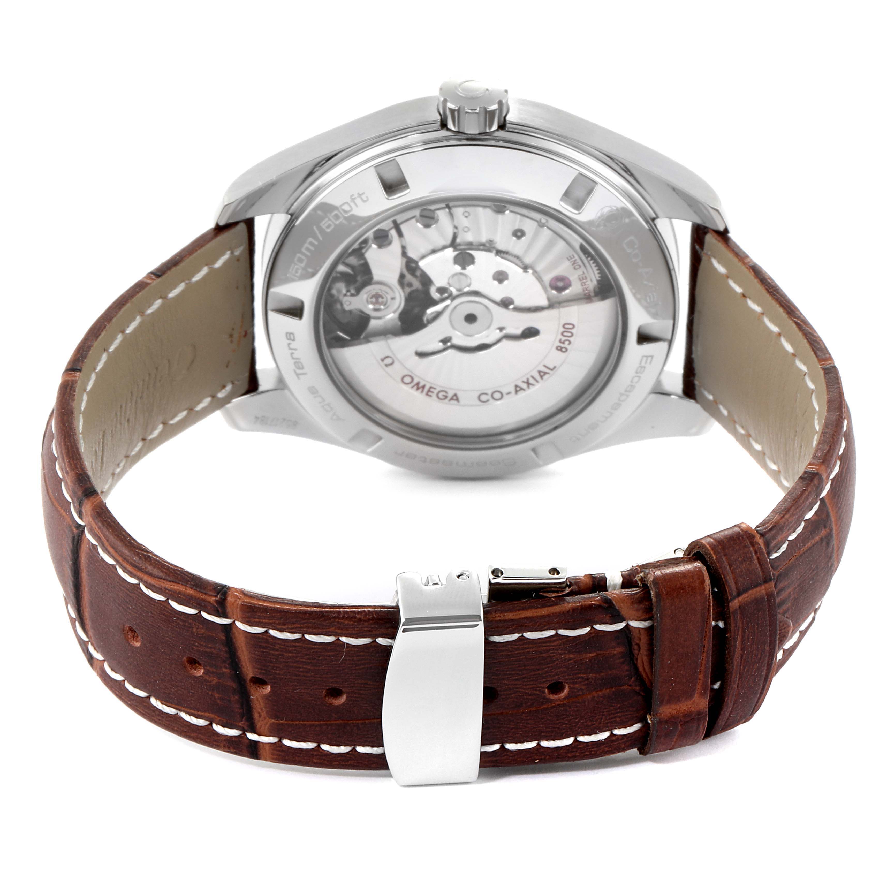 The image shows the back view of the Omega Aqua Terra 231.13.42.21.02.002 Men's Stainless Steel Silver Dial 231.13.42.21.02.002 Men's Stainless Steel Silver Dial watch, highlighting its mechanical movement and brown leather strap.